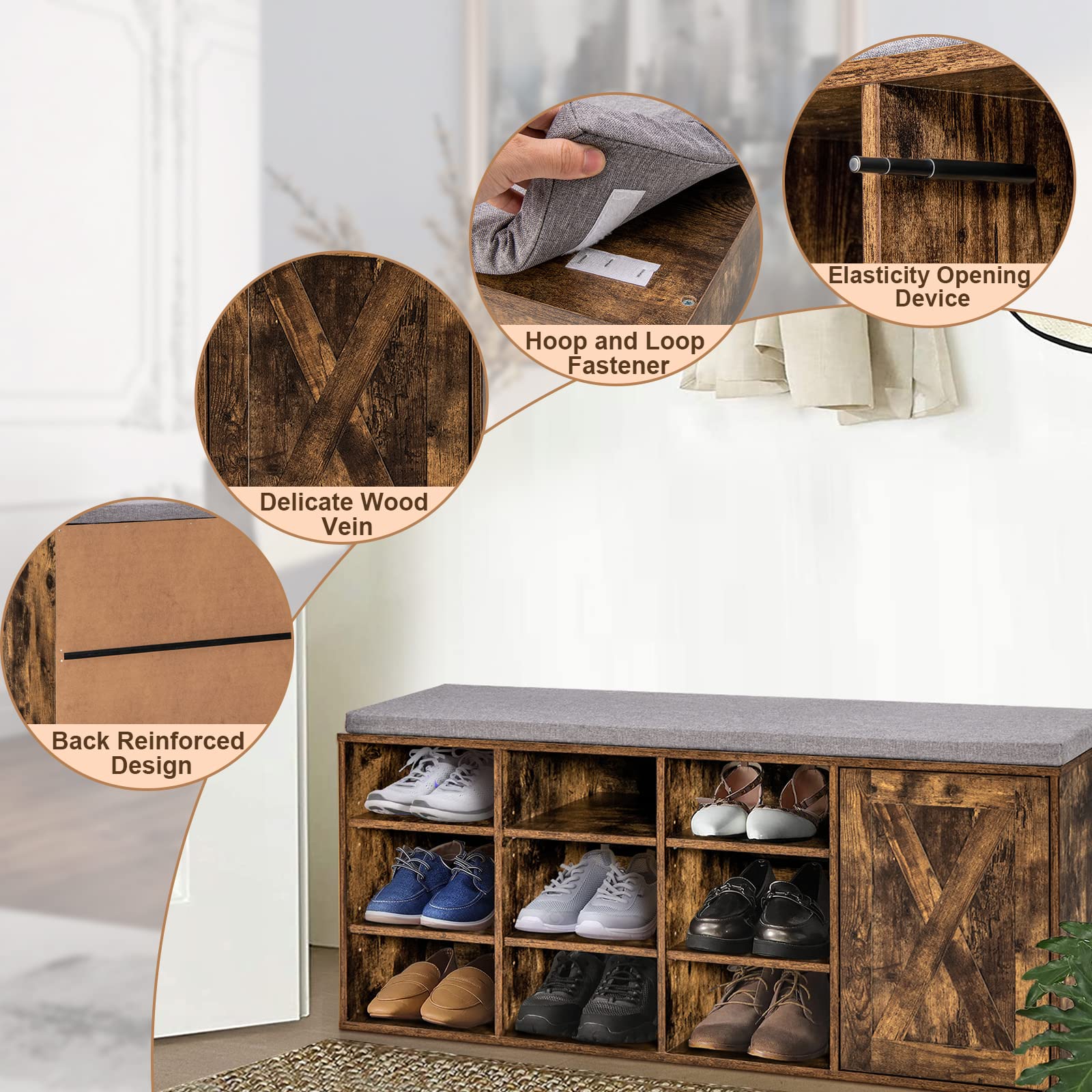 Giantex Shoe Bench, 3 Tier 9 Cubes Storage Bench with Adjustable Shelves (Rustic Brown)
