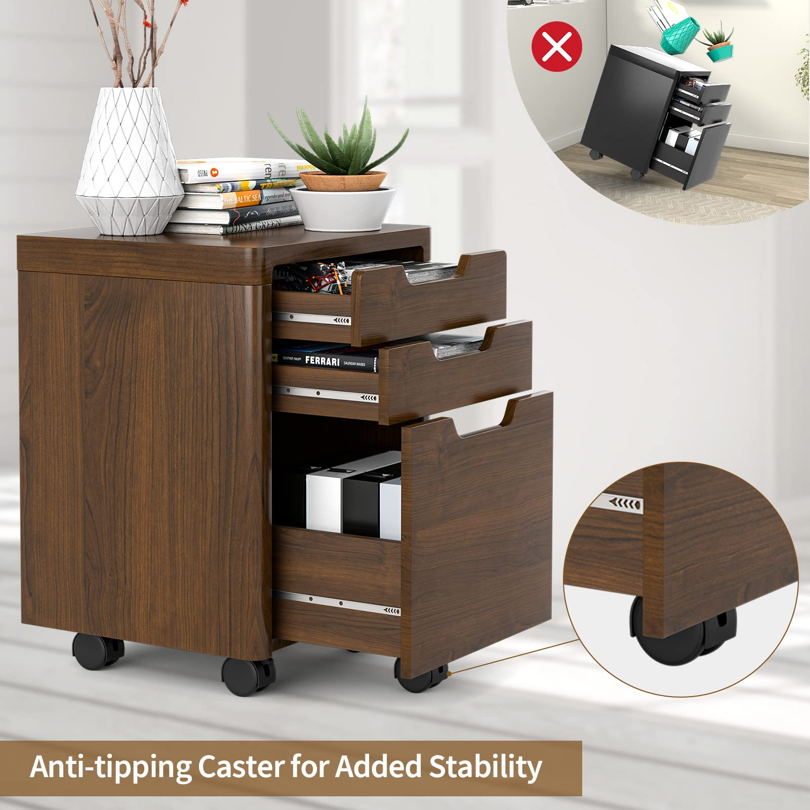 Giantex 3 Drawer Mobile File Cabinet Rolling Cabinets Filler with Lockable Casters