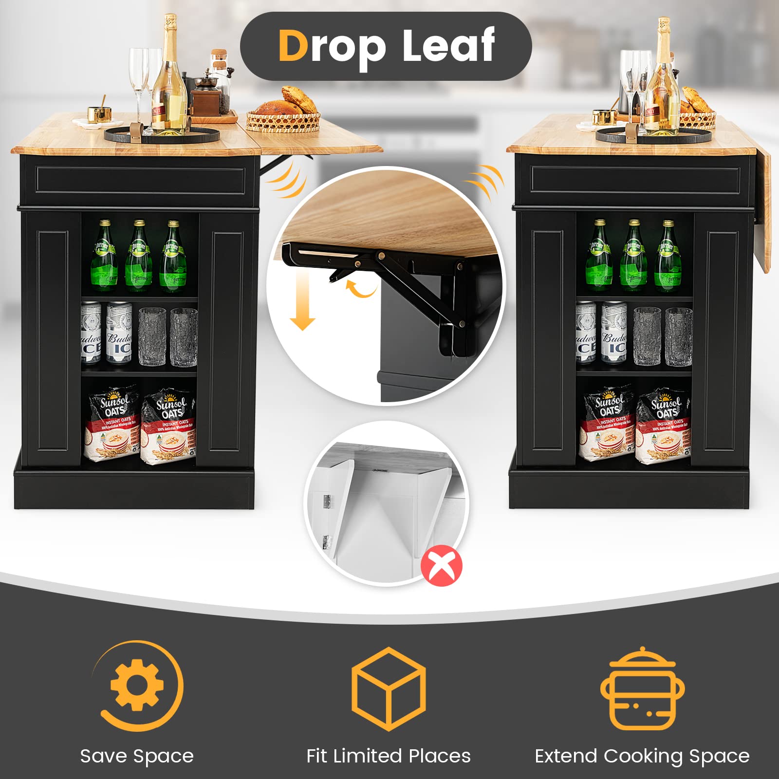 Giantex Kitchen Island with Drop Leaf, Rubber Wood Top, 2 Drawers, Storage Cabinets