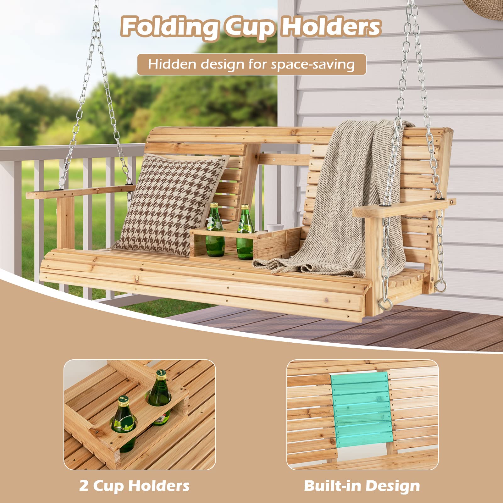 Giantex Outdoor Hanging Porch Swing - 2-Seat Wood Swing Bench