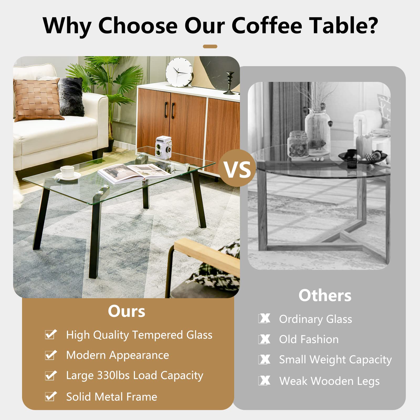 Giantex Rectangular Tempered Glass Coffee Table - Glass-top Tea Table w/Metal Legs
