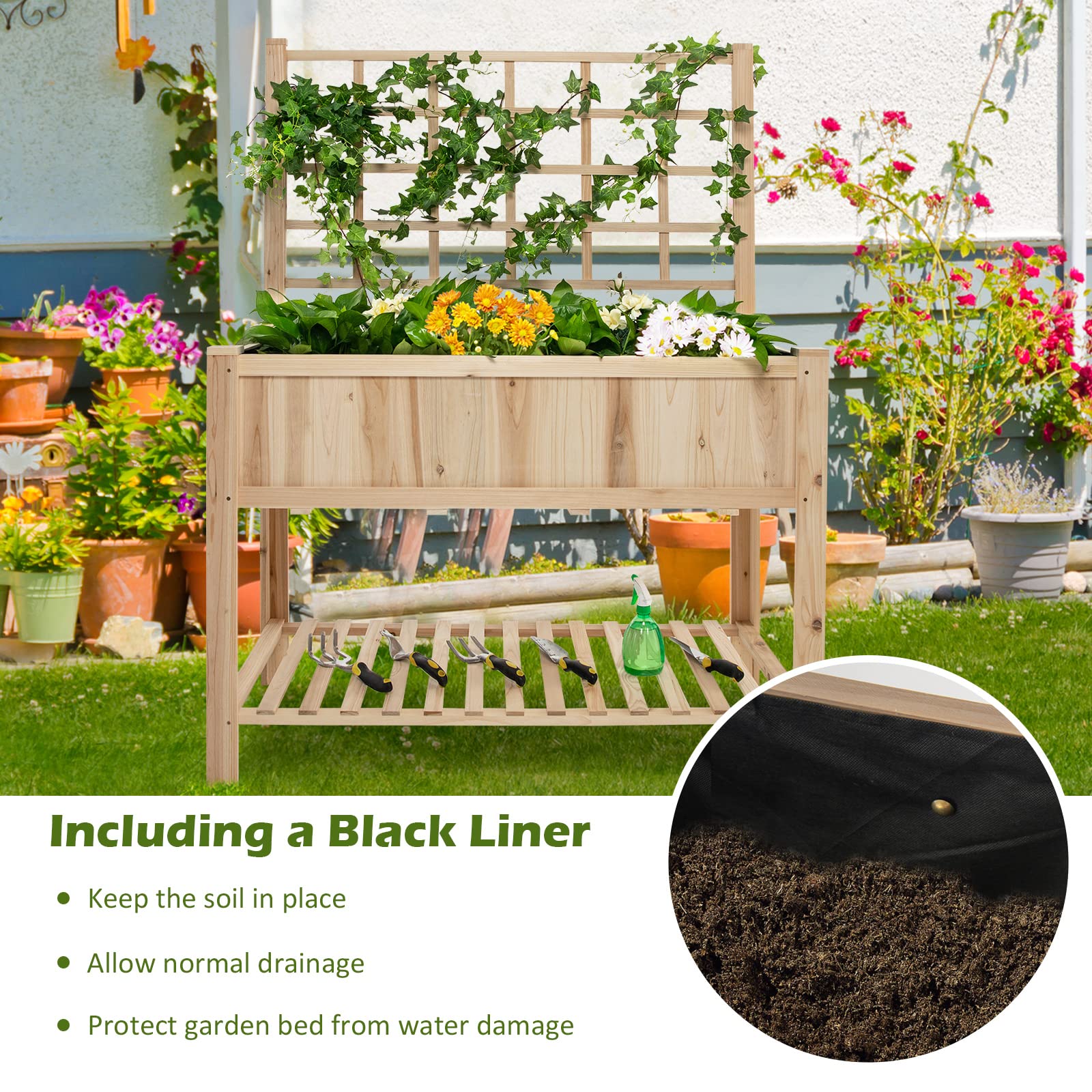 Giantex Wood Planter with Trellis, Standing Raised Garden Bed