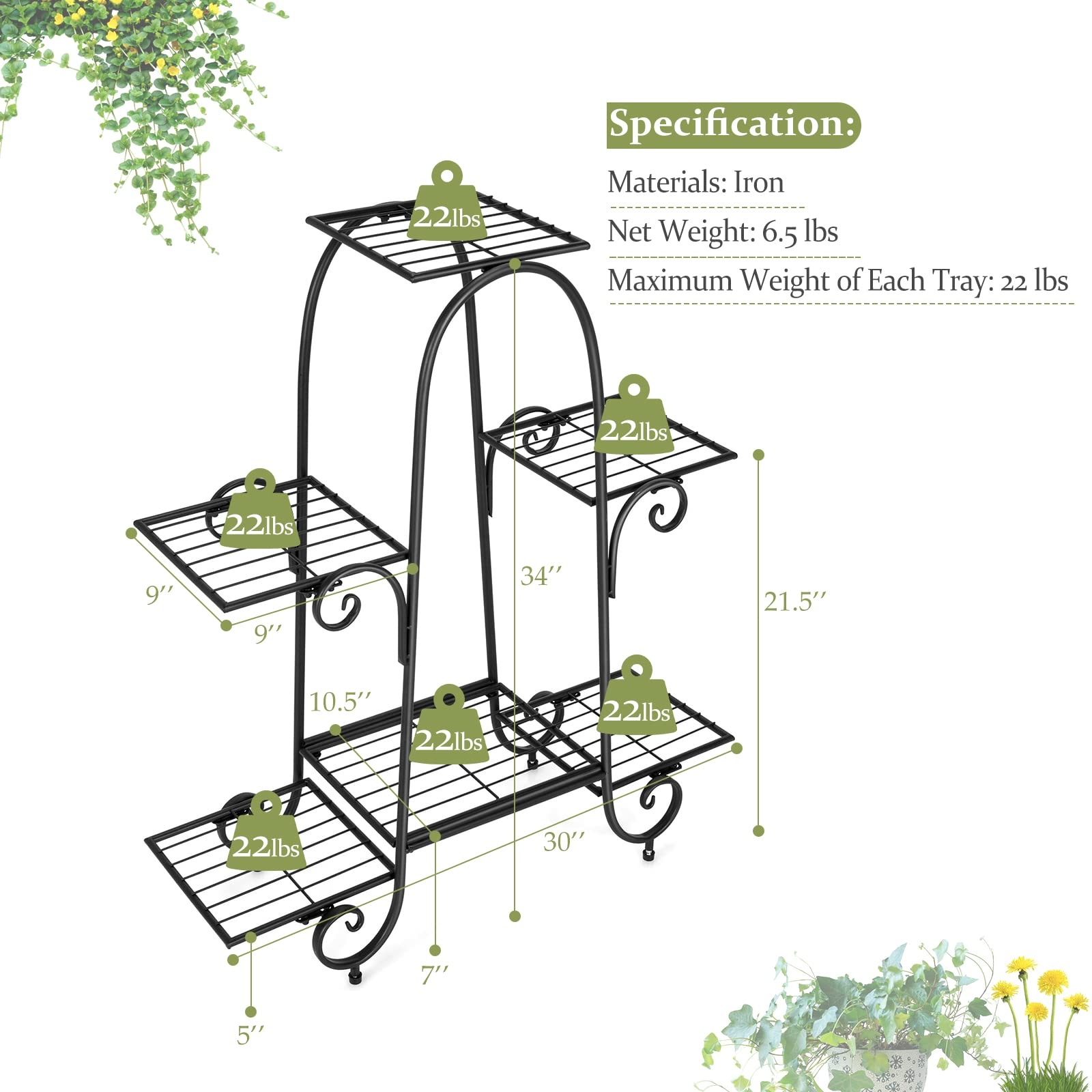6  Tiers Metal Plant Stand Flower Pots Holder