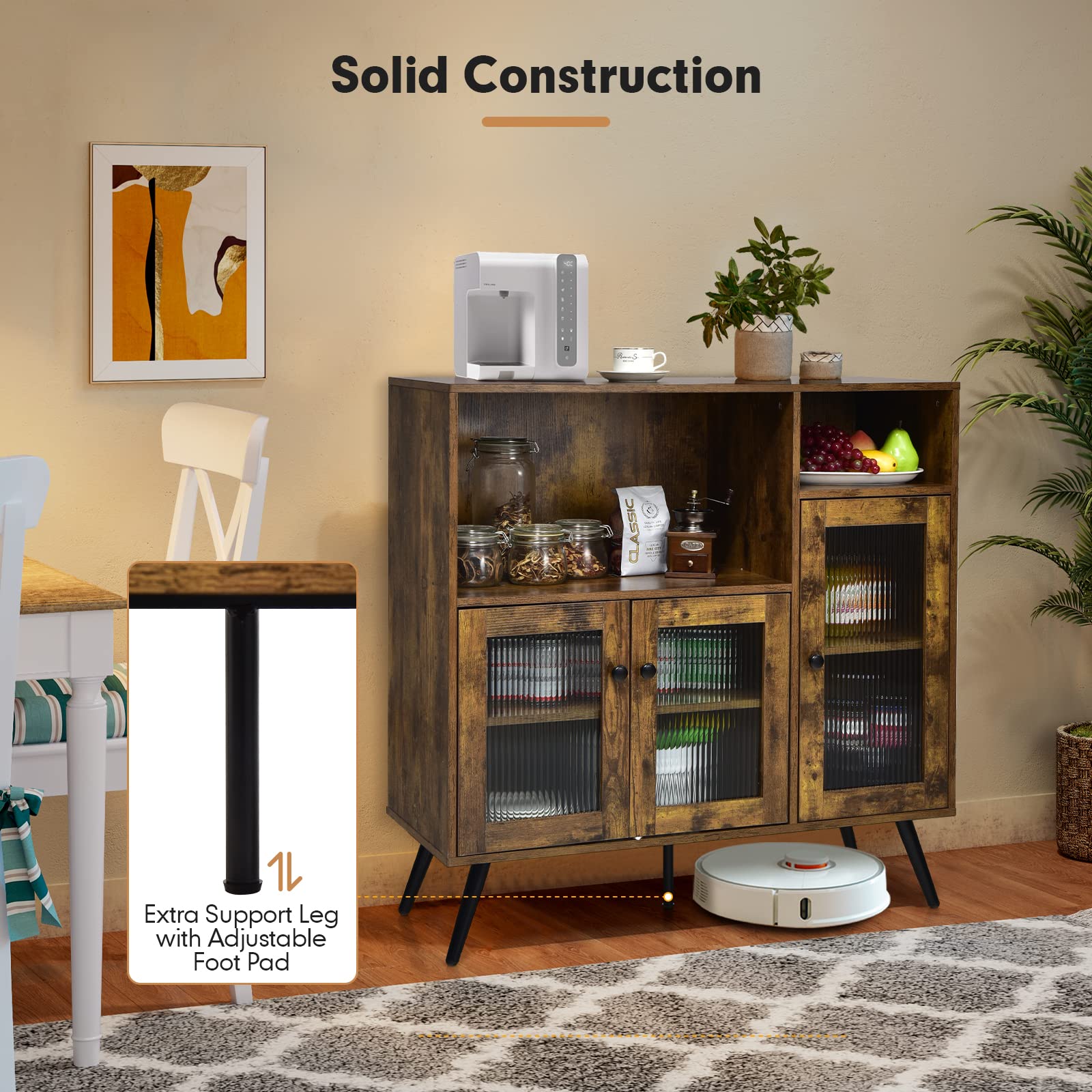 Giantex Storage Cabinet, Industrial Buffet Sideboard with Storage, 3 Door Wood Cupboard, 2 Creadenzas 2 Shelves