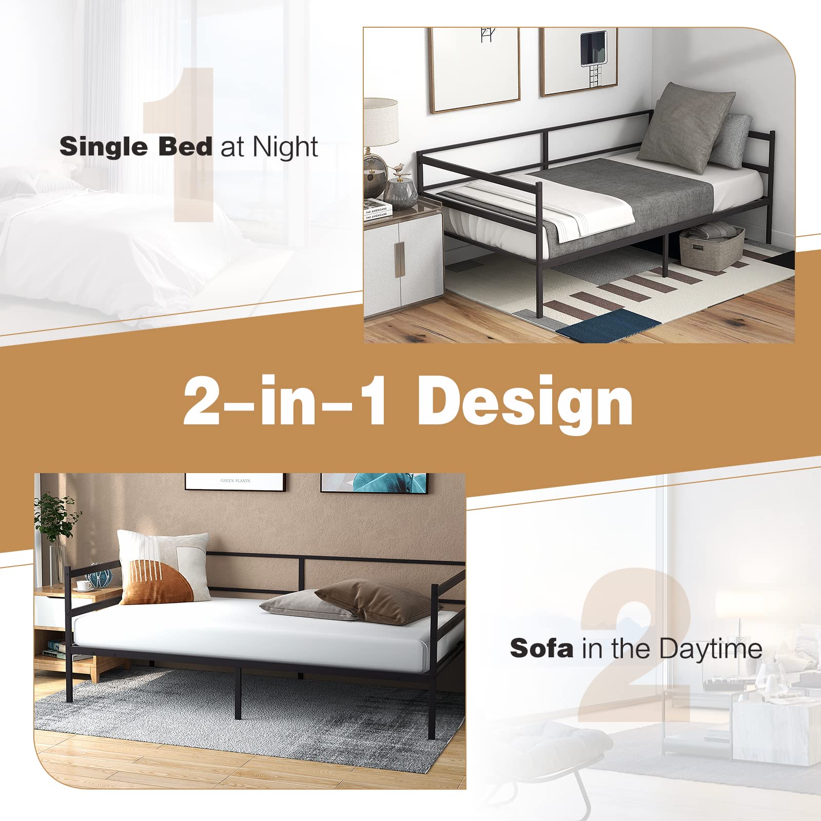 Giantex Twin Daybed Frame, Metal Sofa Bed w/Heavy-Duty 16 Slats Support, Black