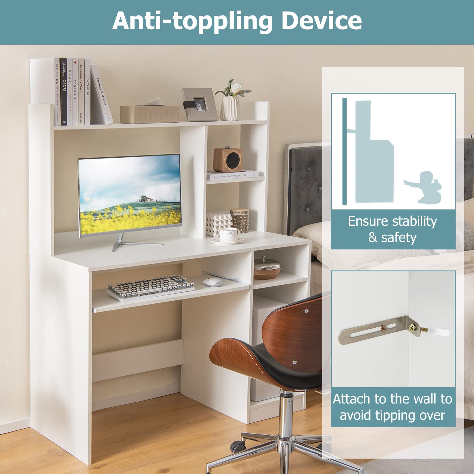 Giantex White Computer Desk with Hutch and Bookshelf