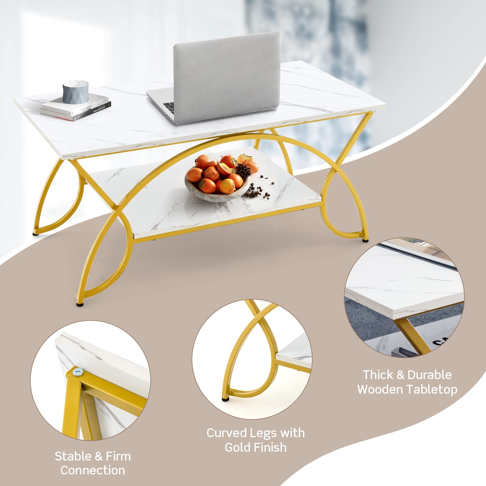 Giantex 2-Tier Rectangular Coffee Table, Modern Chic Cocktail Table with Open Storage Shelf, White/Gold