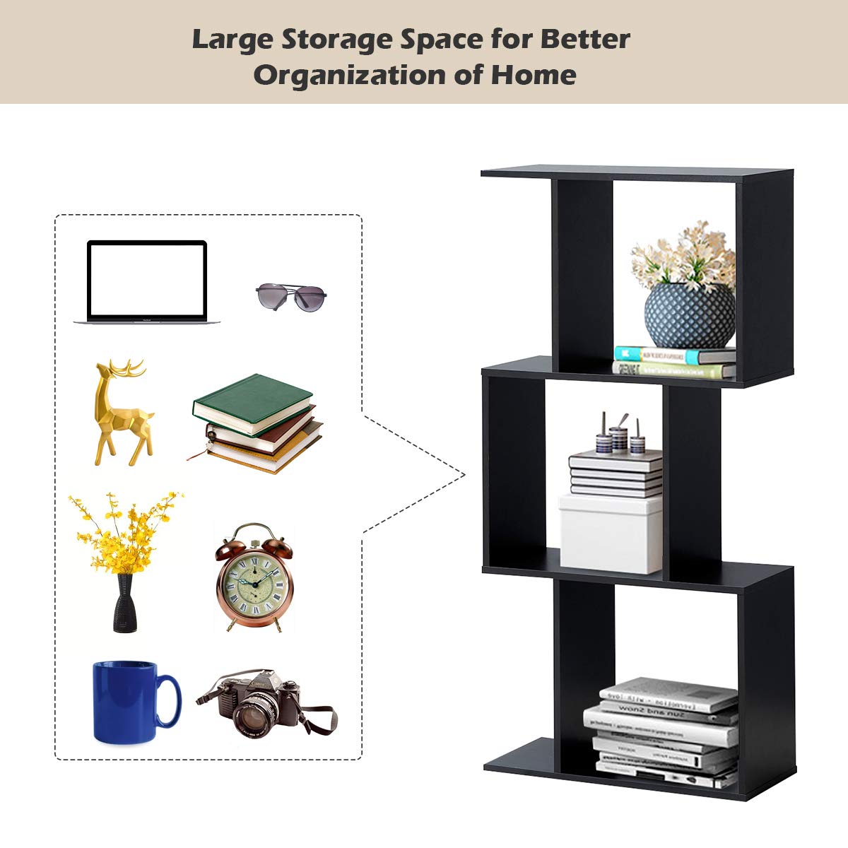 3-Tier Bookshelf S Shaped Bookcase, Free Standing Industrial Storage Rack