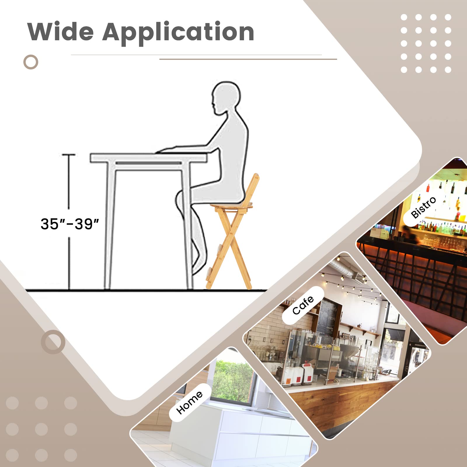 Folding Bamboo Bar Stools 24” Kitchen Counter Height Stool with Backrest & Footrest