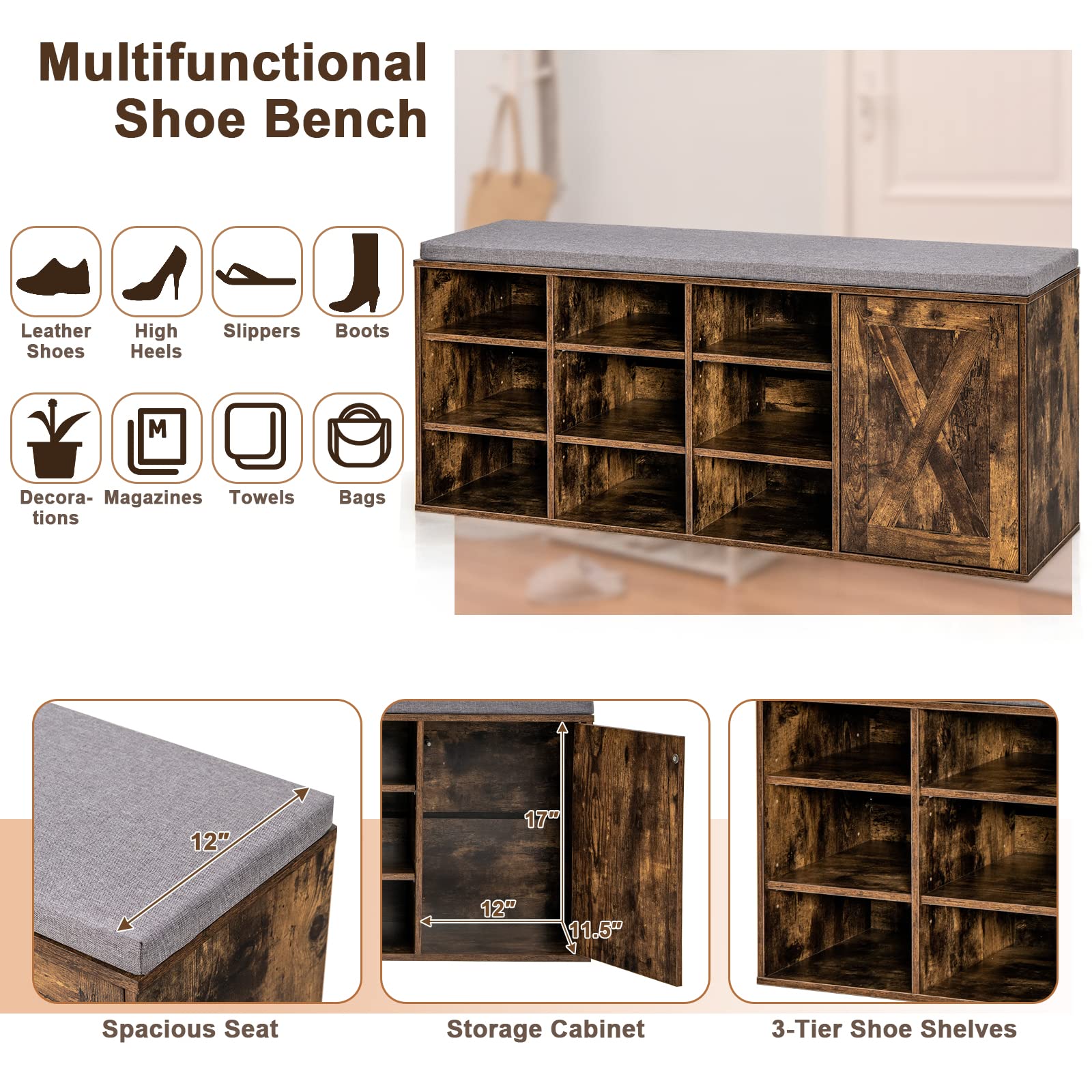 Giantex Shoe Bench, 3 Tier 9 Cubes Storage Bench with Adjustable Shelves (Rustic Brown)