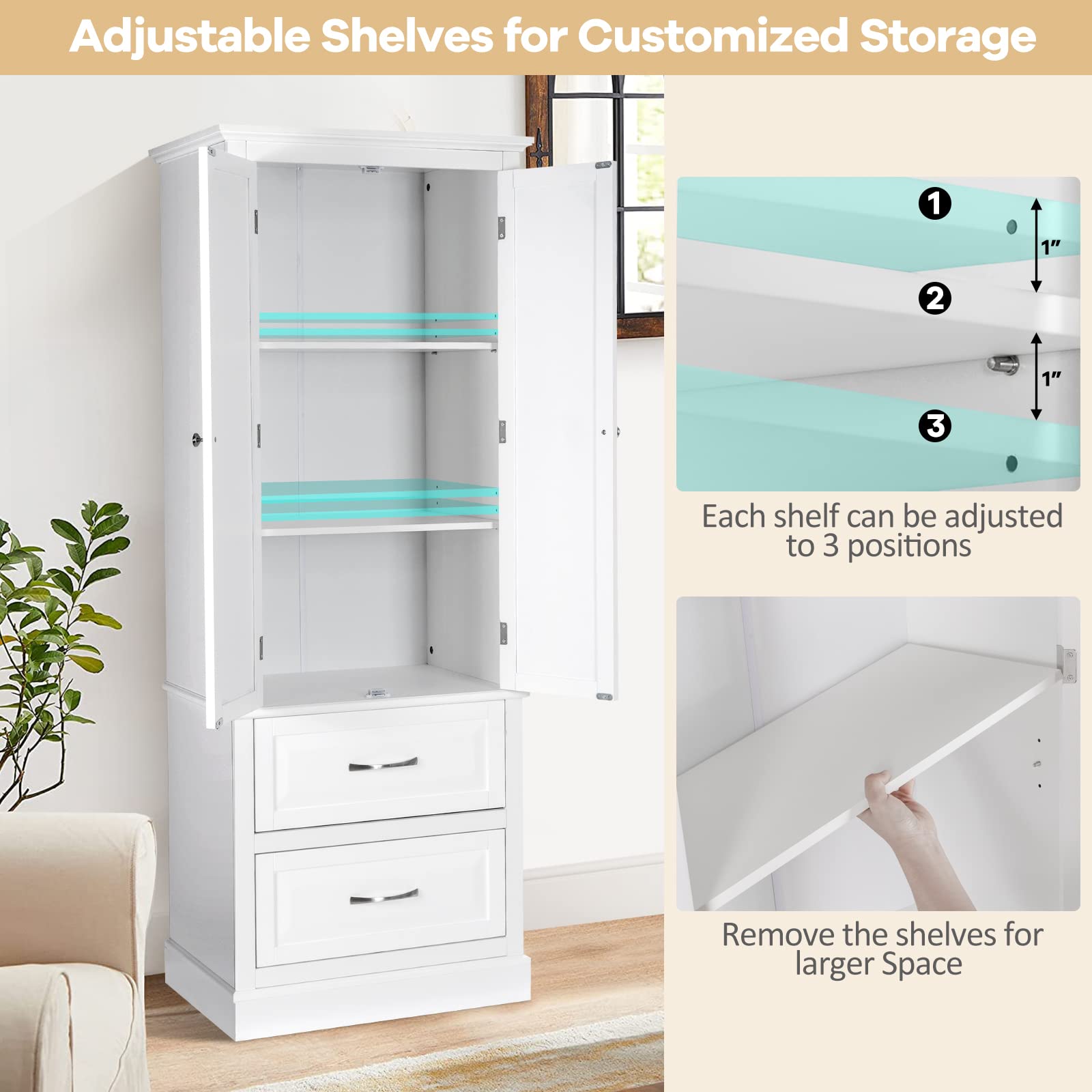 Giantex Kitchen Pantry Cabinet - 62” Floor Storage Cabinet with 2 Large Drawers(White)