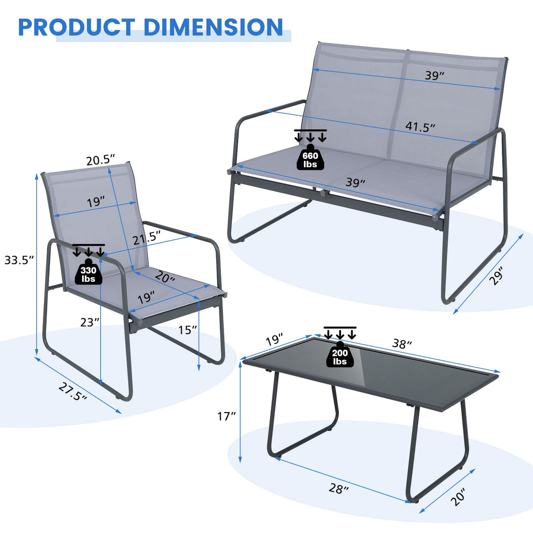 Giantex 4 Pieces Patio Furniture Set, Outdoor Conversation Set with 2 Patio Dining Chairs, Tempered Glass Coffee Table