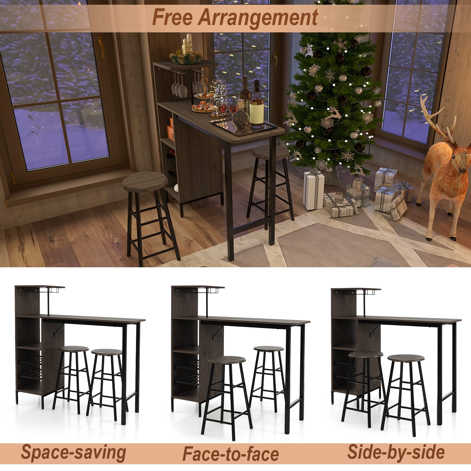 Giantex 3 Pieces Bar Table and Stools Set, Bistro Table Set with Glass Holder (Brown)