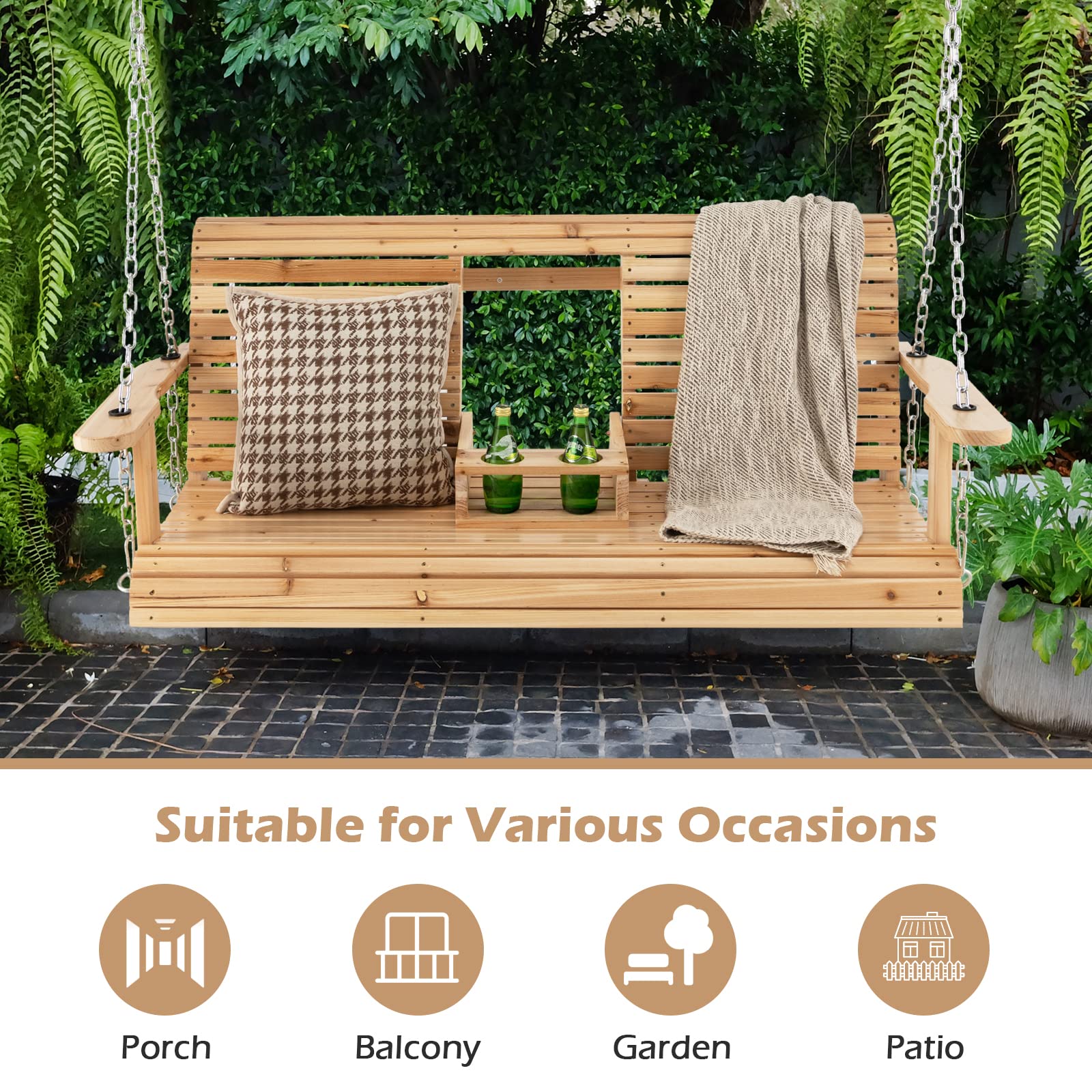 Giantex Outdoor Hanging Porch Swing - 2-Seat Wood Swing Bench