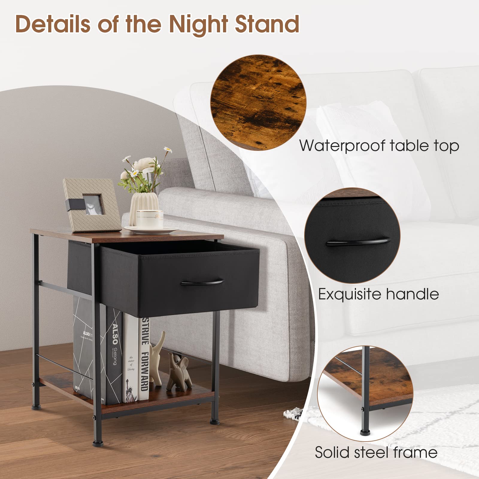 Giantex Nightstand, Bedside Table w/Removable Fabric Drawers and Open Storage Shelf