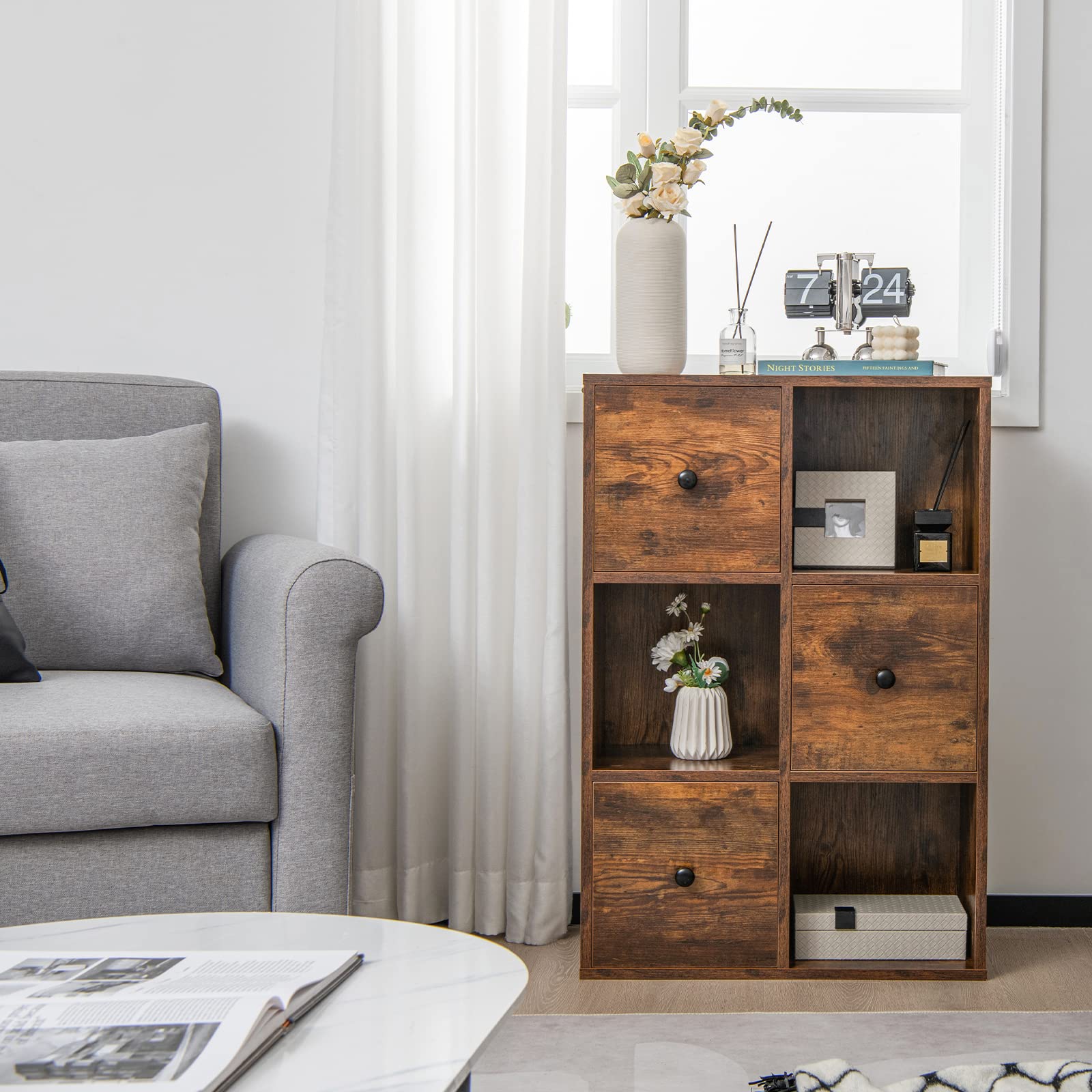 Giantex 6-Cube Bookcase with Drawers, 3-Tier Freestanding Wooden Bookshelf with Anti-toppling Device