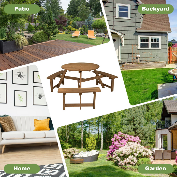 Giantex Wooden Picnic Table for 6 Person, Round Outdoor Table with 3 Benches, Umbrella Hole