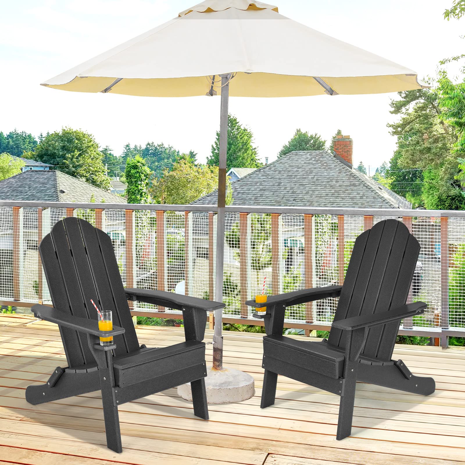 Adirondack Chair Outdoor Folding Chairs, Weather Resistant Patio Chair with Built-in Cup