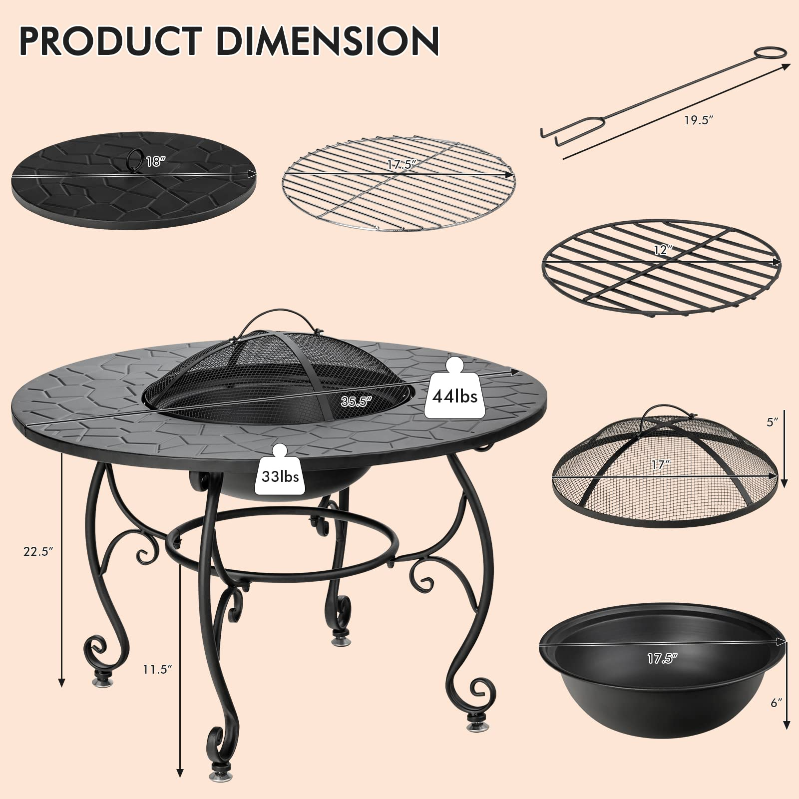Fire Pit Table 4-in-1 Outdoor Dining Table, 36 Inch Multifunctional Metal Round Patio Table