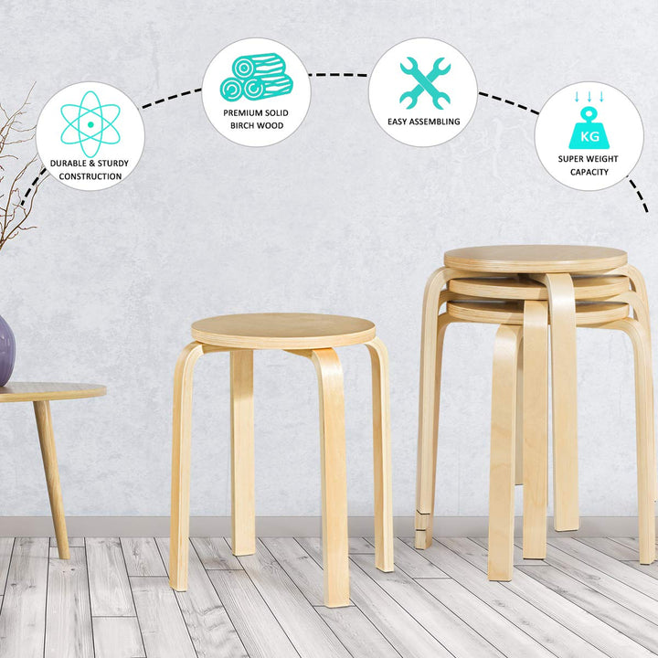 Stackable Bentwood Stools Set of 4, 18-Inch Height Backless Counter Chairs with Round Top, Anti-Slip Felt Pad