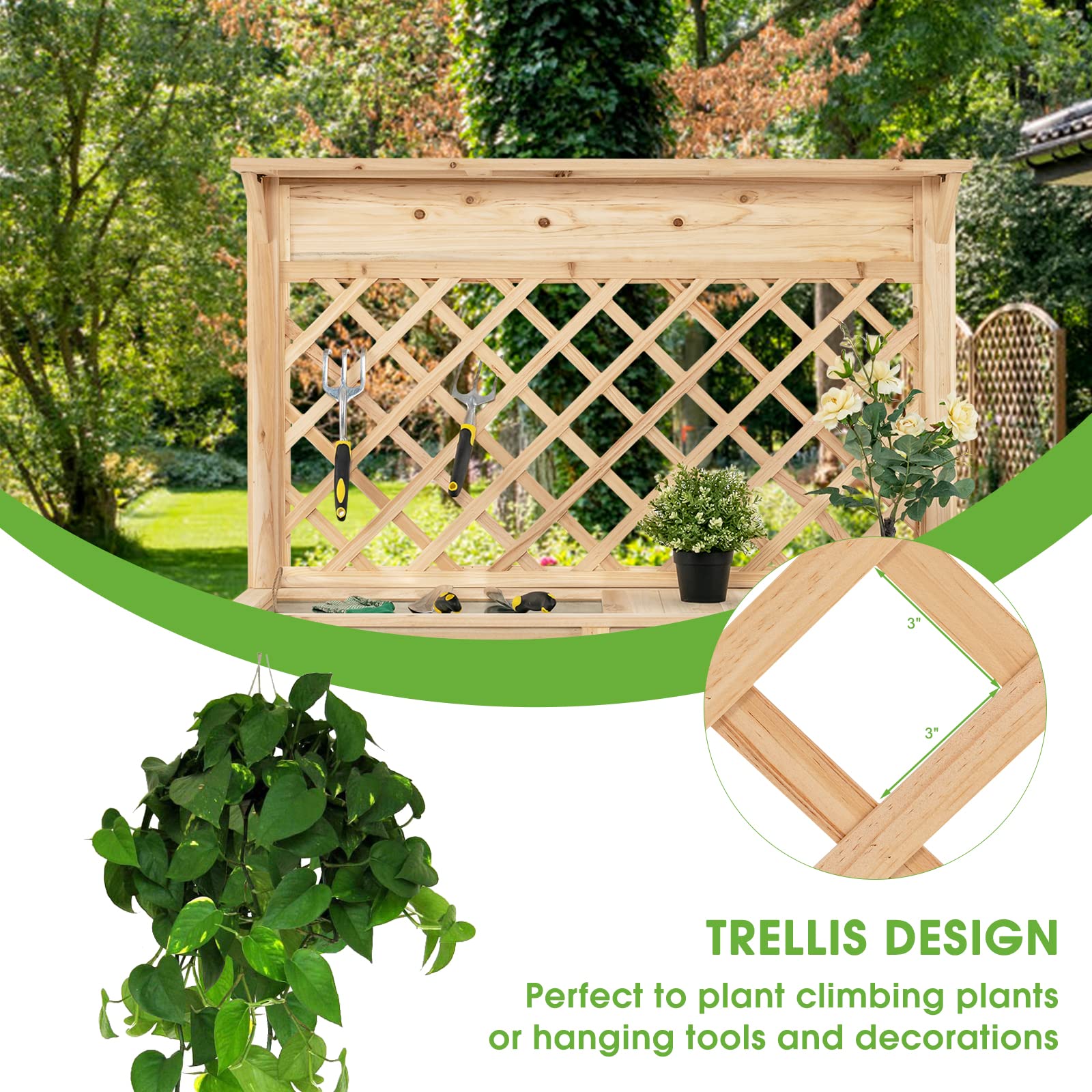 Giantex Wood Raised Garden Bed with Trellis, Freestanding Elevated Planter Box with Open Storage Shelf and Drawer