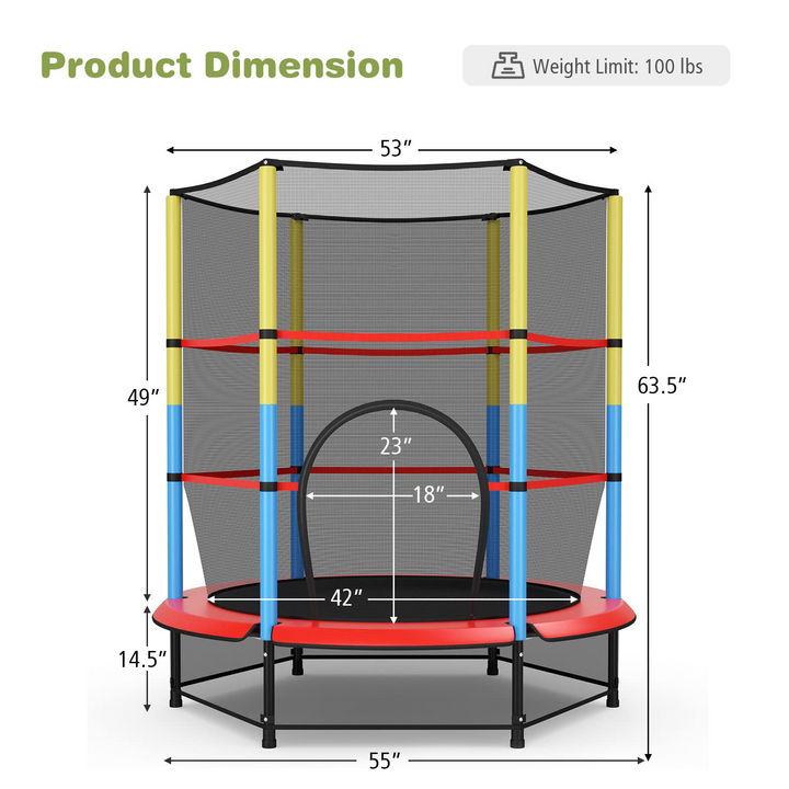 55" Kids Trampoline  with Safety Enclosure Net & Spring Pad