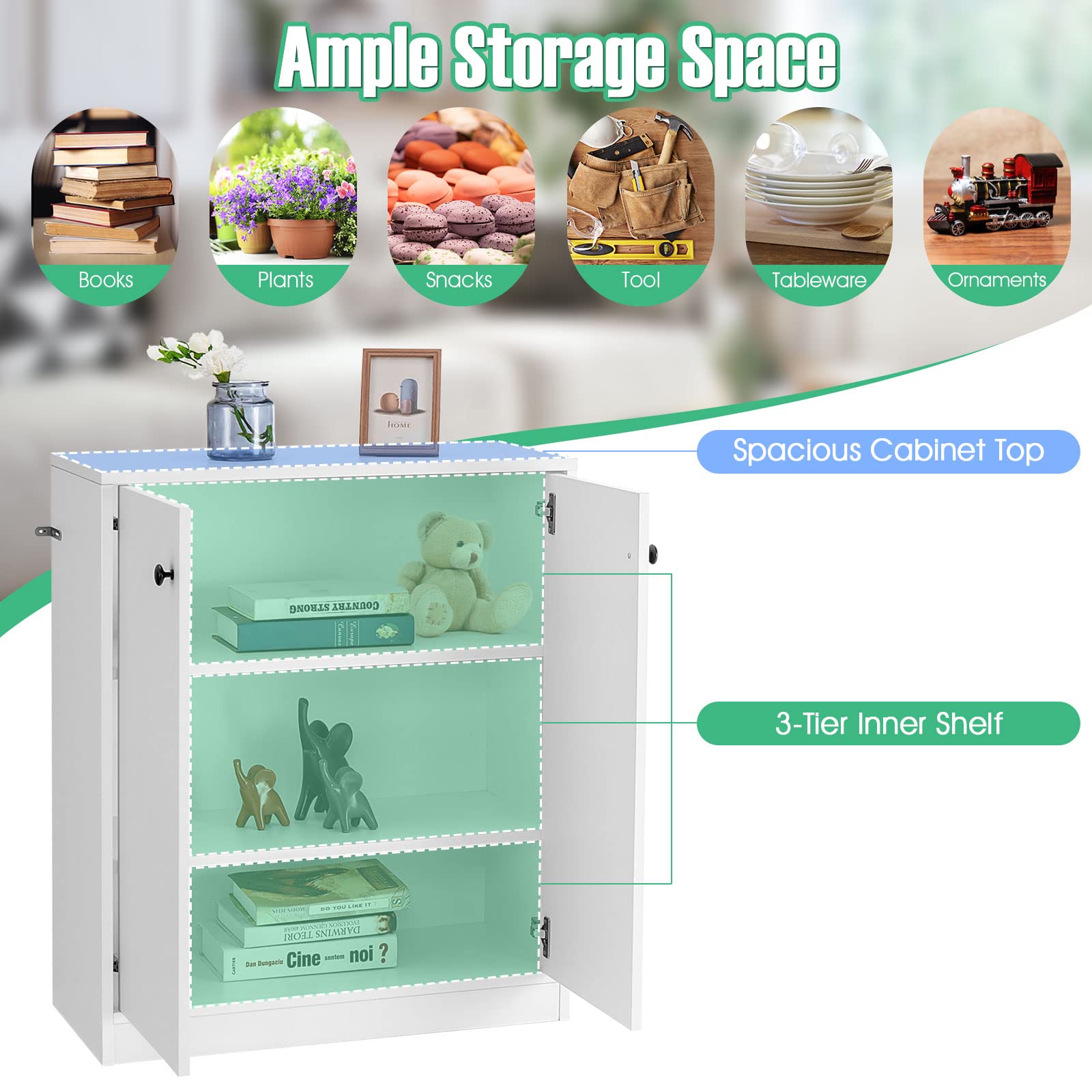 Giantex 2 Door Storage Base Cabinet - Freestanding Floor Cabinet with 3-Tier Shelf, White