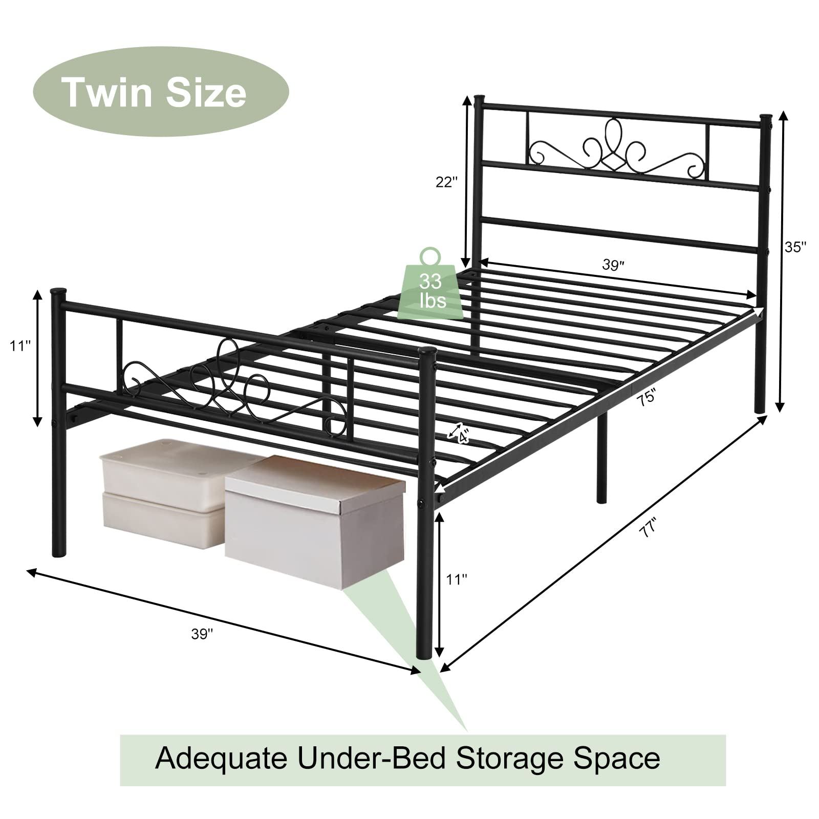 Mattress Foundation w/Heavy Duty Steel Slat Support, No Box Spring Needed