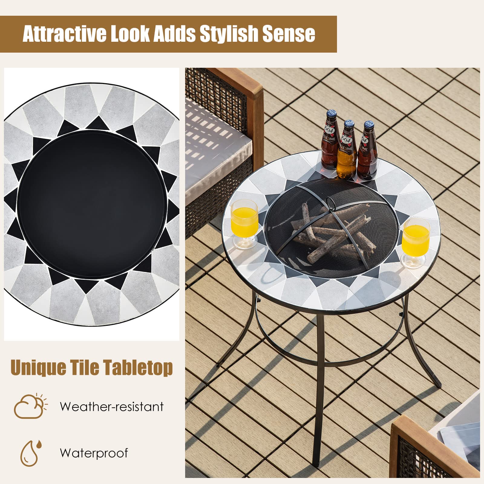 Giantex Fire Pit Table, Outdoor Fire Pit with Mesh Cover, Fire Poker, Tile Tabletop