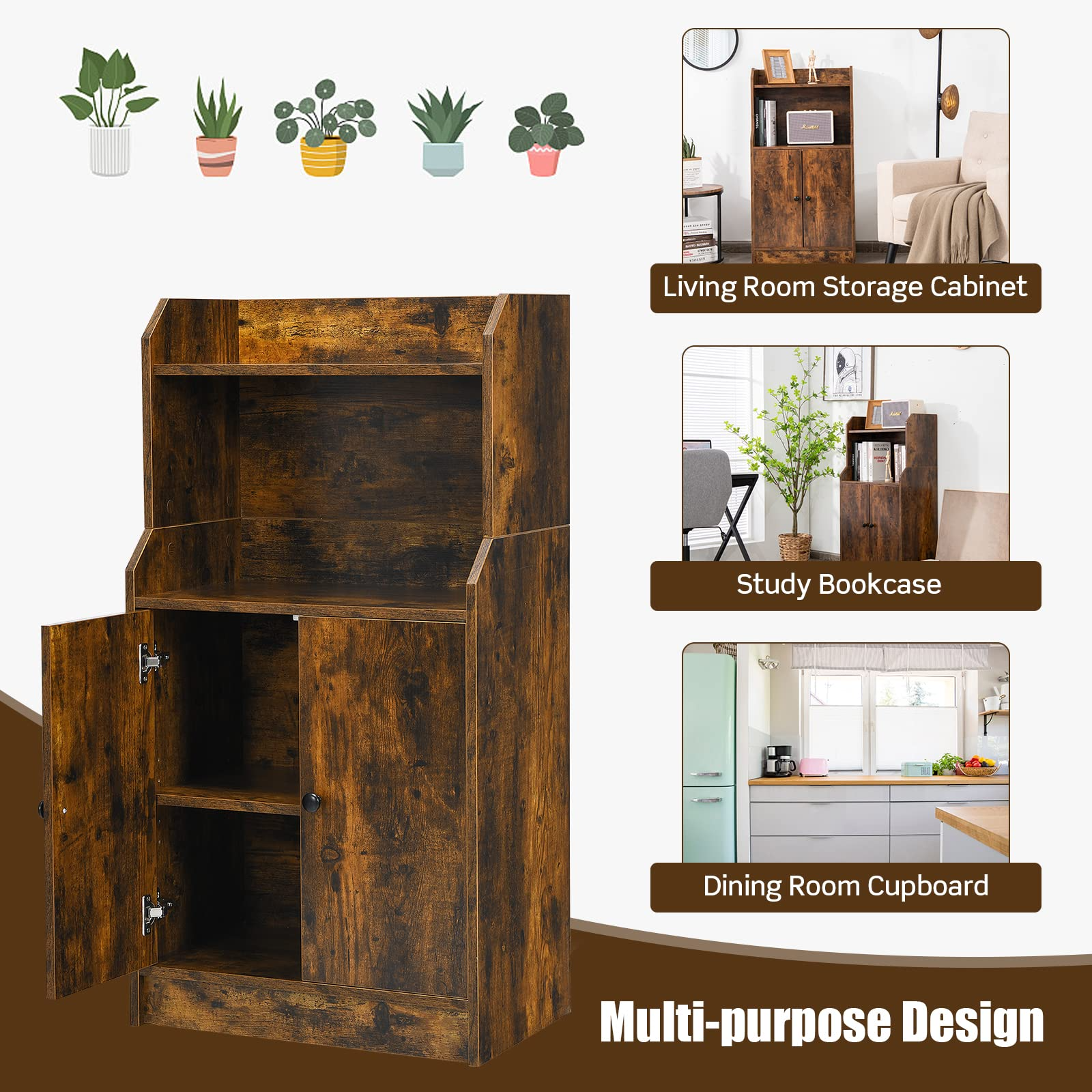 Rustic Brown 2 Doors Bookcase with Adjustable Shelf