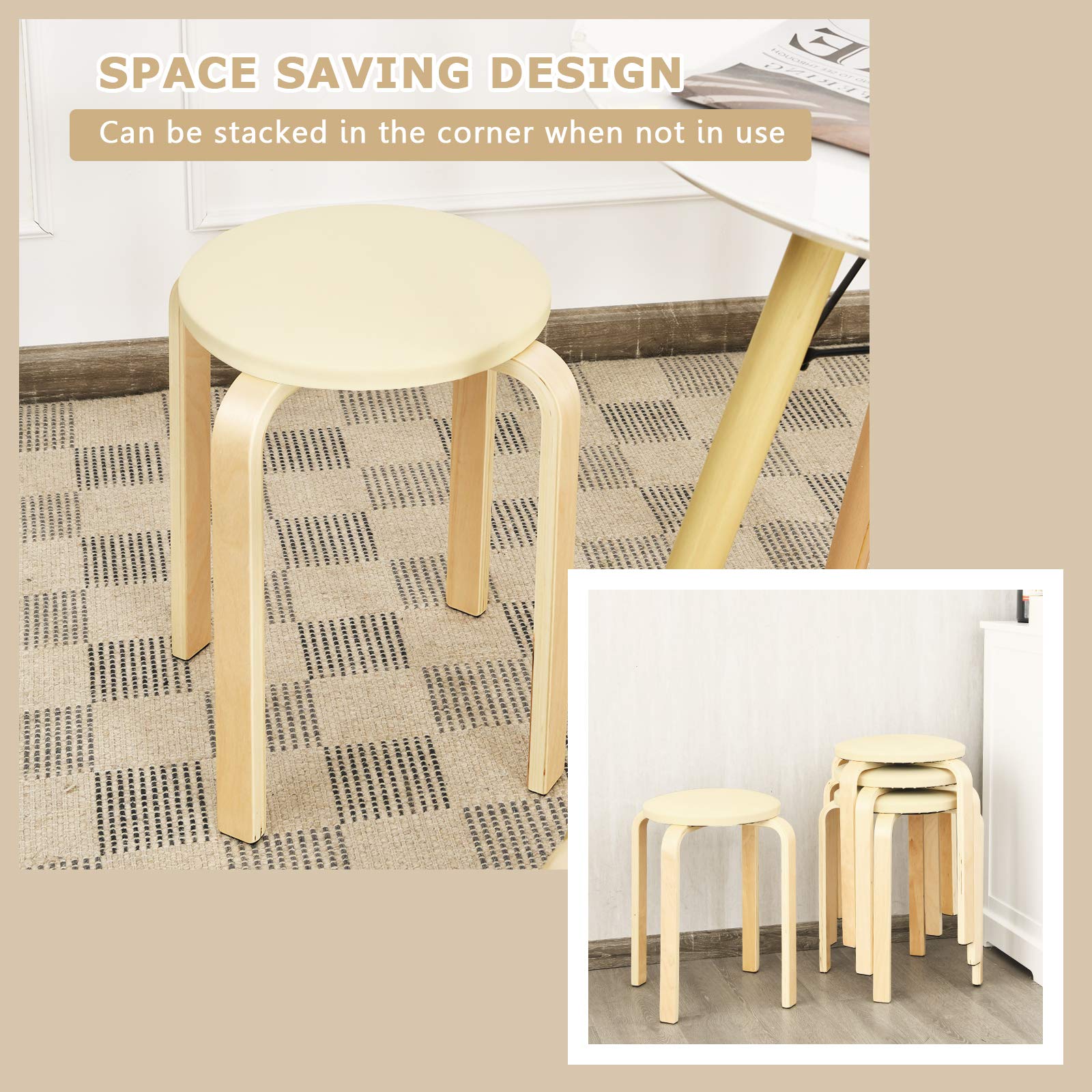 4-Pack Bentwood Stack Stools, 18.5-Inch Portable Stools with PU Leather Round Top, Non-Slip Foot Mats