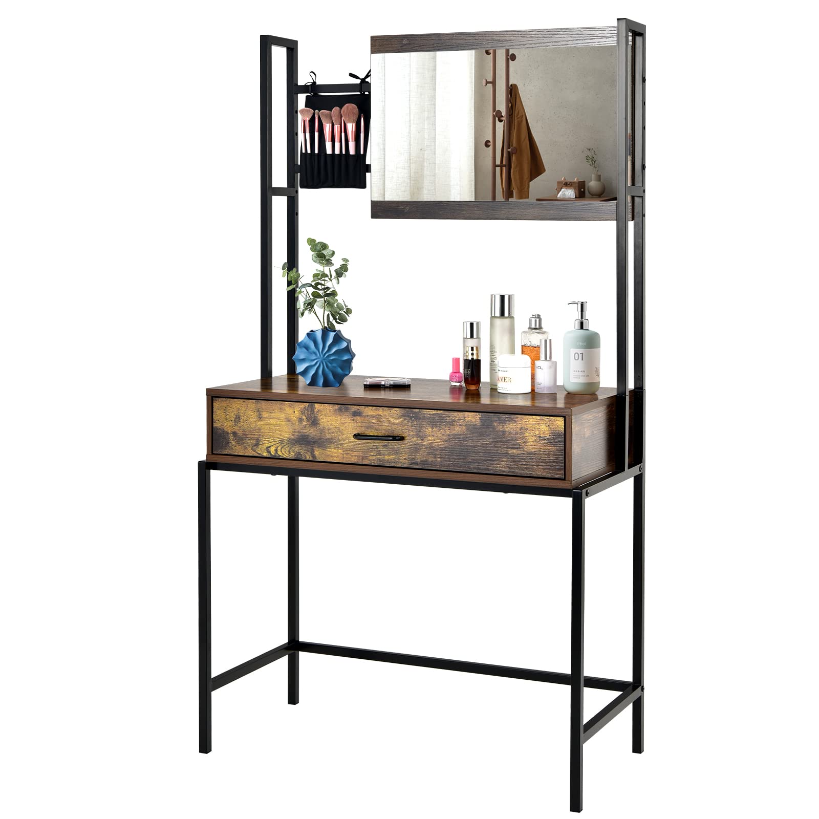 CHARMAID Rustic Vanity Table with 3-Height Adjustable Mirror, Large Drawer