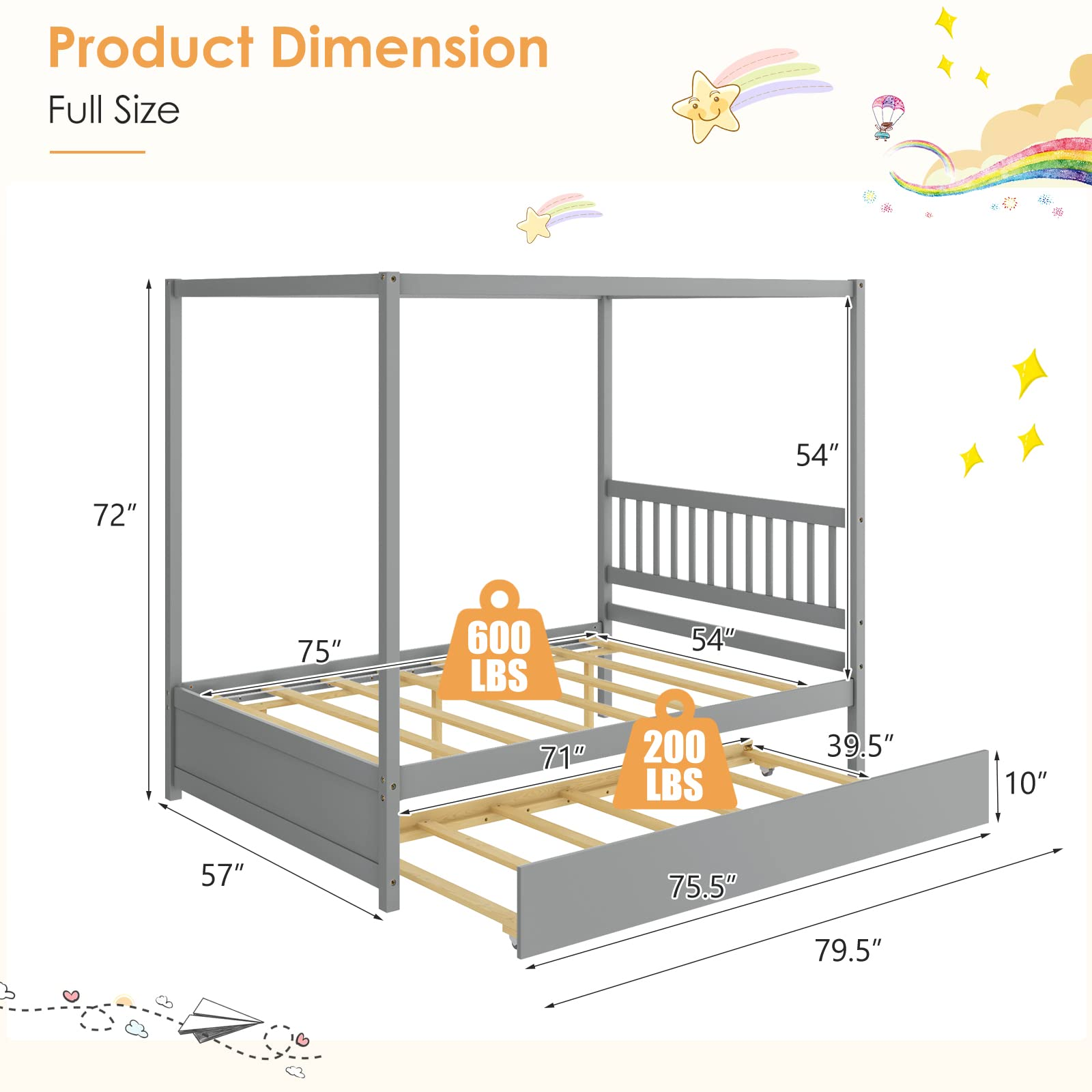 Giantex Canopy Bed w/ Trundle, Full Size Kids Solid Wood Platform Bed Frame