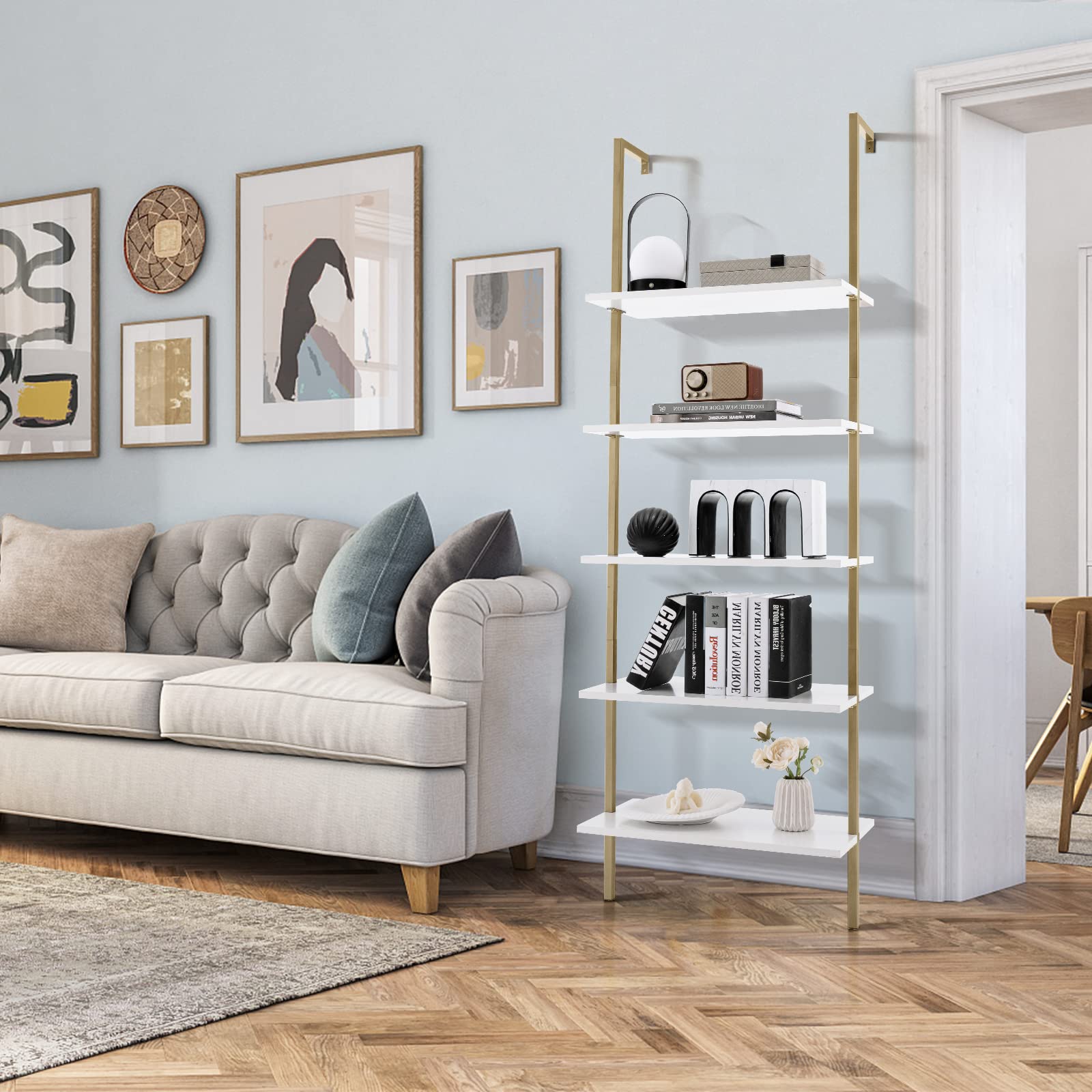 Giantex 5 Tier Modern Wall Mounted Bookshelf, 71'' White and Gold Wood Bookcase with Steel Frame
