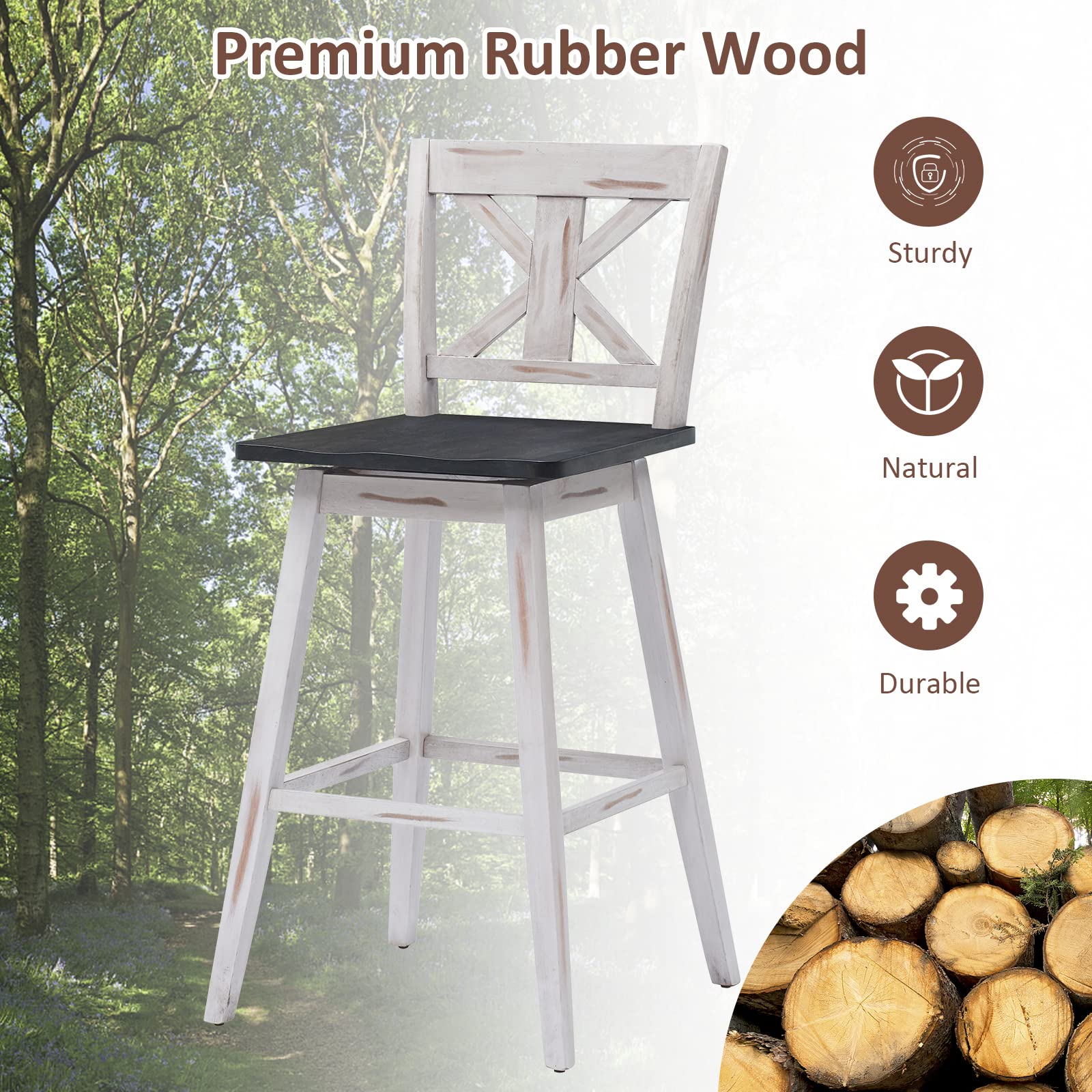 360 Degree Rubber Wood Bar Chairs, Vintage Bar Stools for Home, Restaurant & Pub