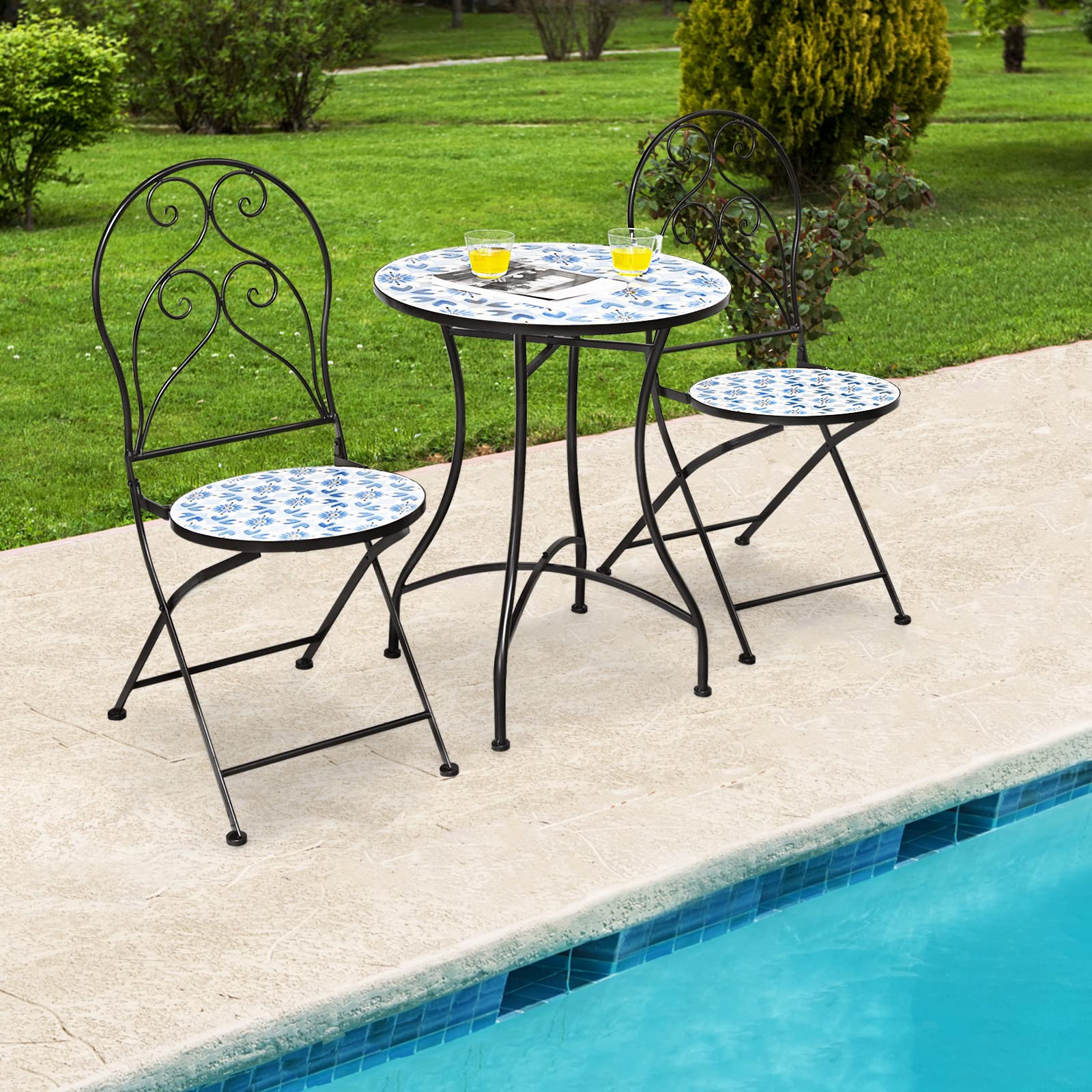 Giantex 2 Pieces Folding Bistro Chairs, Mosaic Patio Chairs with Ceramic Tiles Seat and Exquisite Floral Pattern