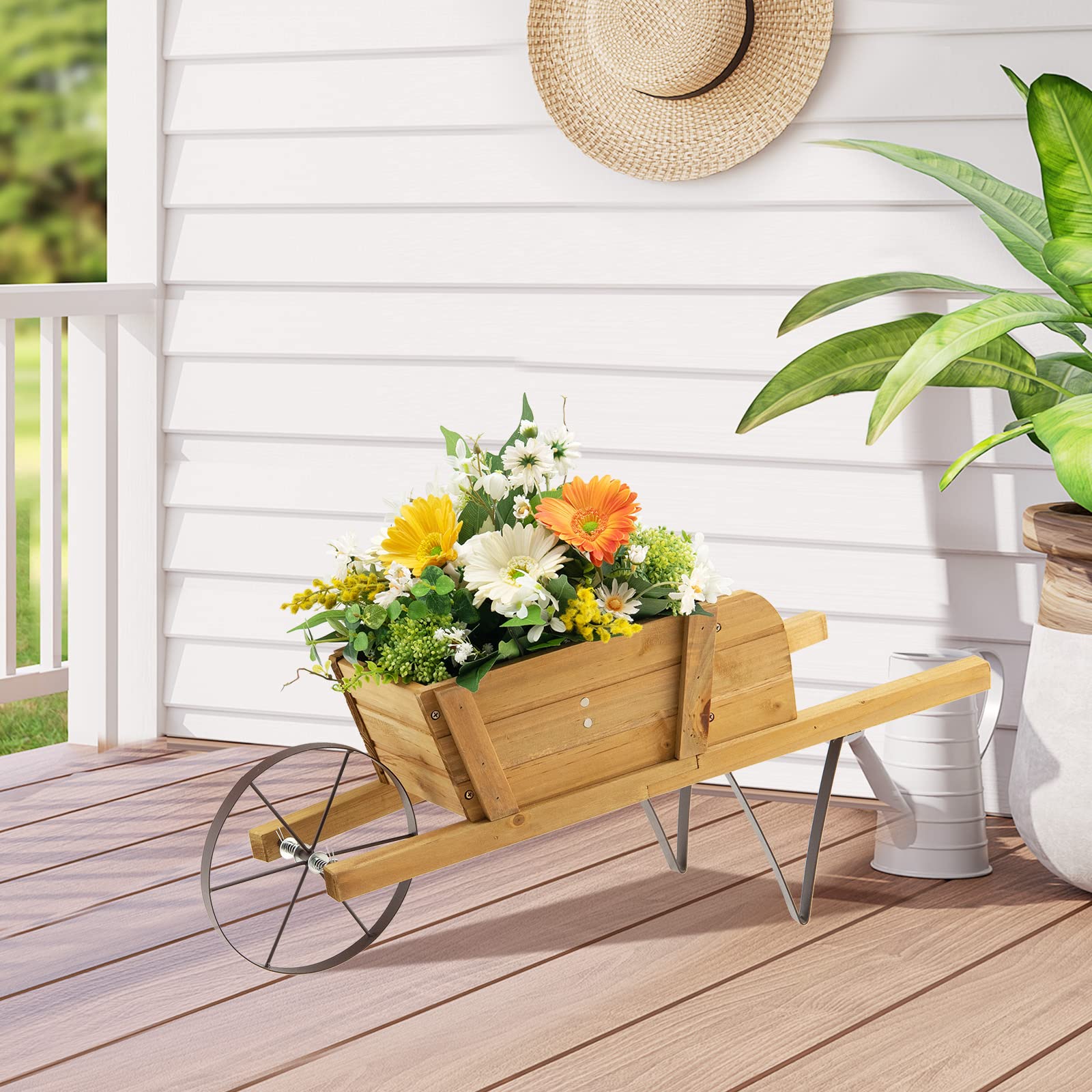 Giantex Wooden Wagon Planter, Small Wheelbarrow Wagon Flower, Indoor & Outdoor Raised Bed