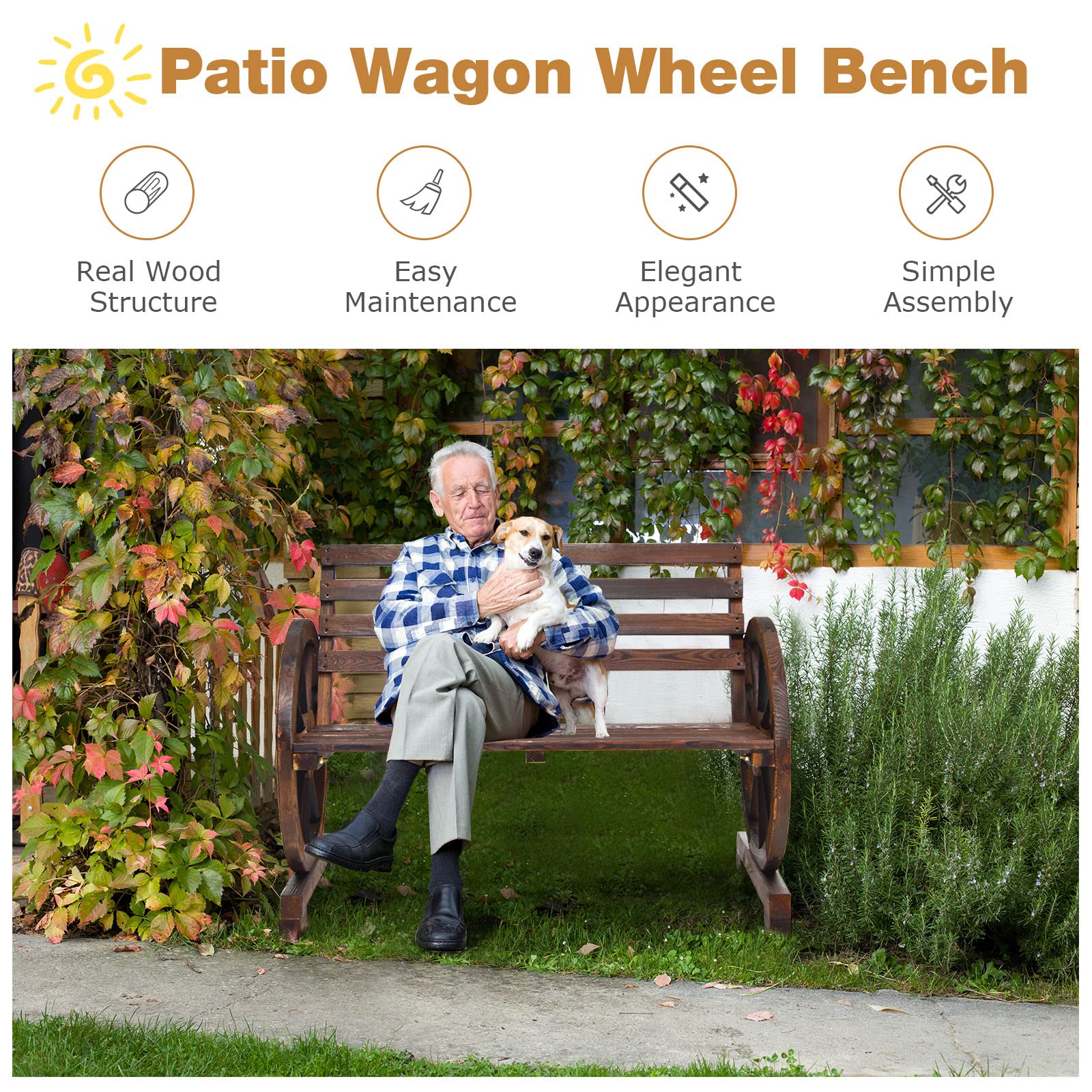 Giantex Outdoor Bench Wooden Wagon Wheel Bench, 2-Person Outdoor Garden Bench