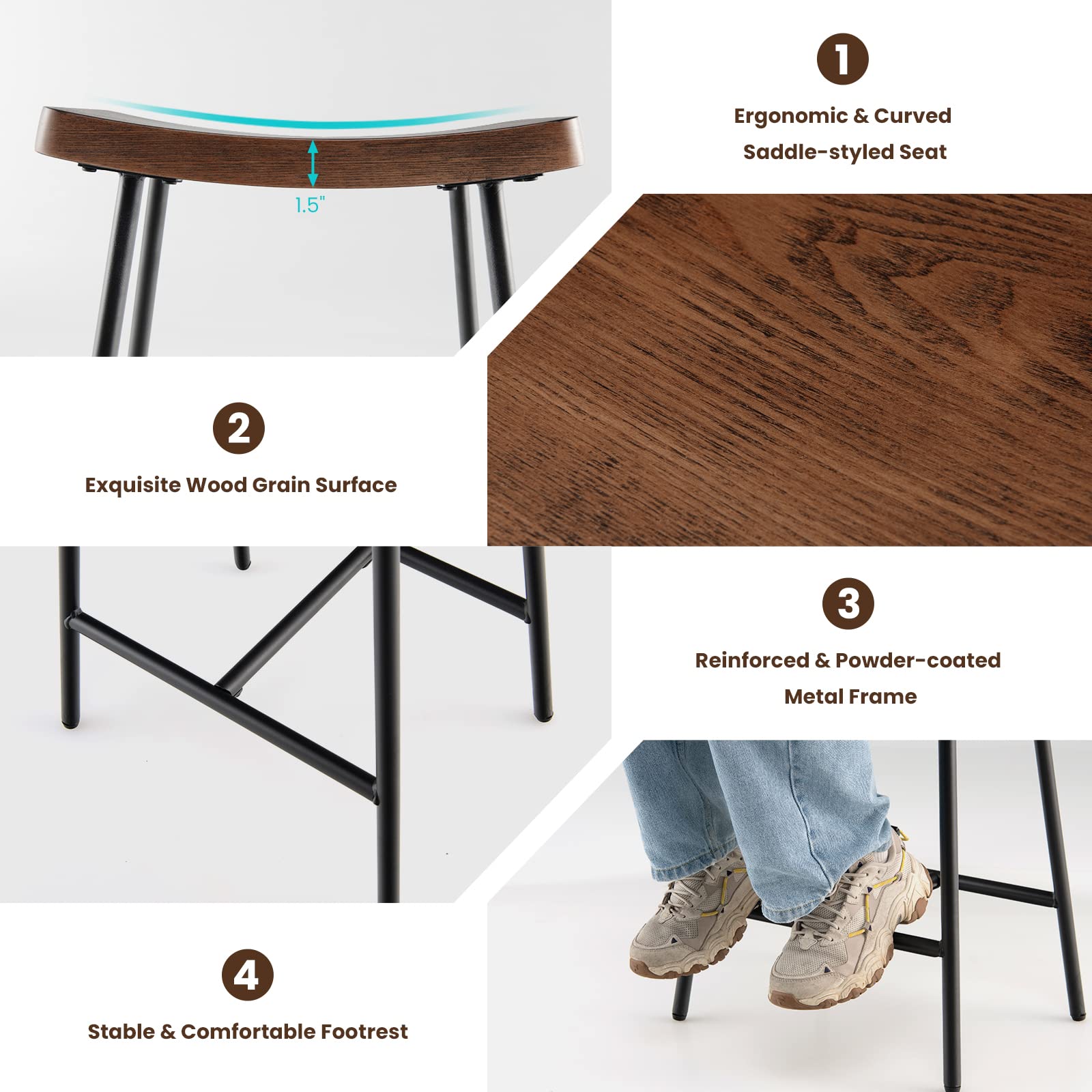 Industrial Saddle Stool with Footrest, Metal Legs, Adjustable Foot Pads, Backless Counter Height Chair for Living Room Kitchen Bar