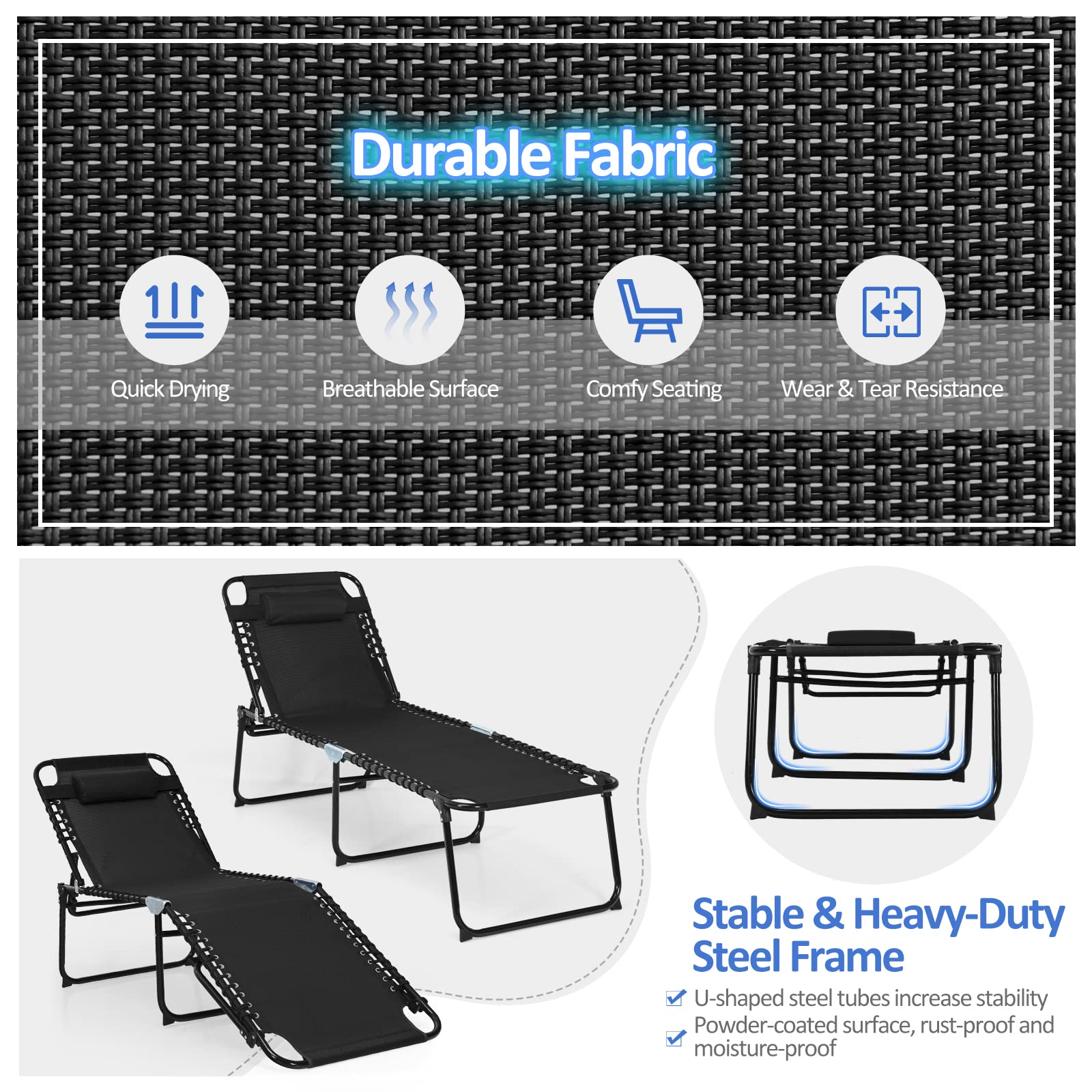 Folding Chaise Lounge Chair, Adjustable Beach Chair, Folding Patio Recliner