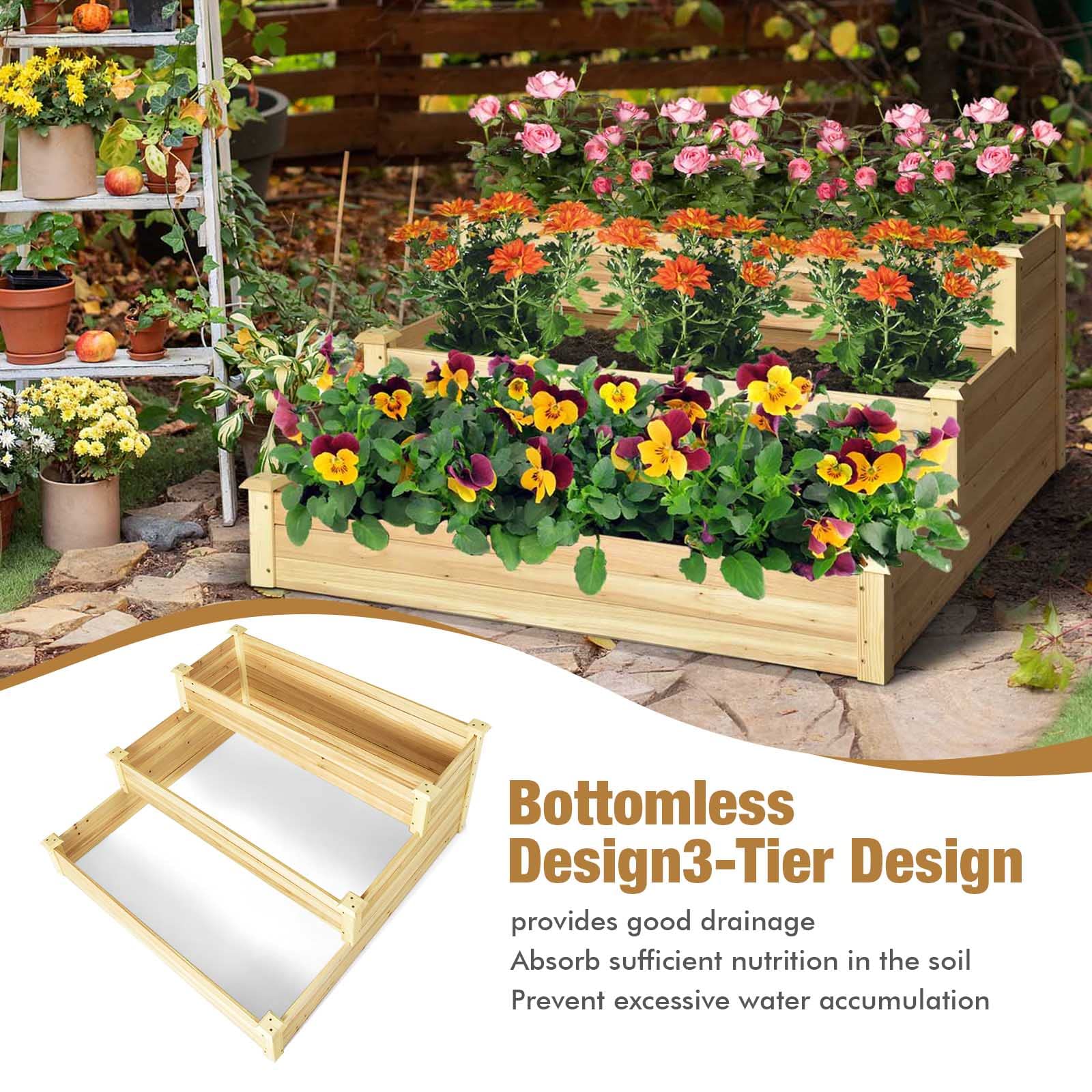 Giantex 3 Tier Raised Garden Bed, Wood Planter Box 48 x 48 x 22 Inch Vegetable Flower Herb Fruit Growing Bed Kit