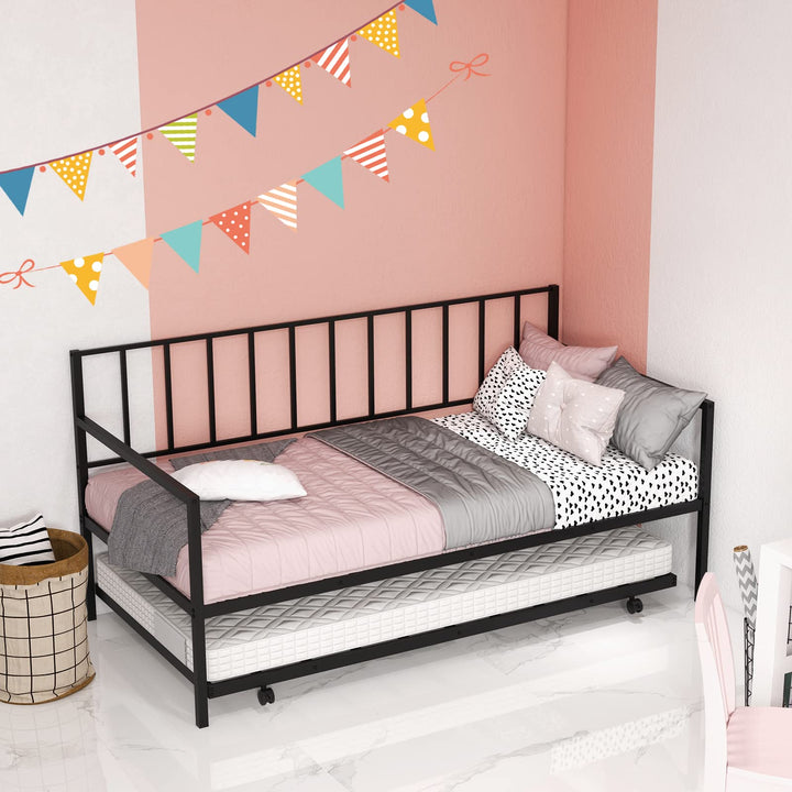 Giantex Metal Daybed with Trundle, Twin Size Daybed with Pullout Trundle & Steel Slat Support, Black