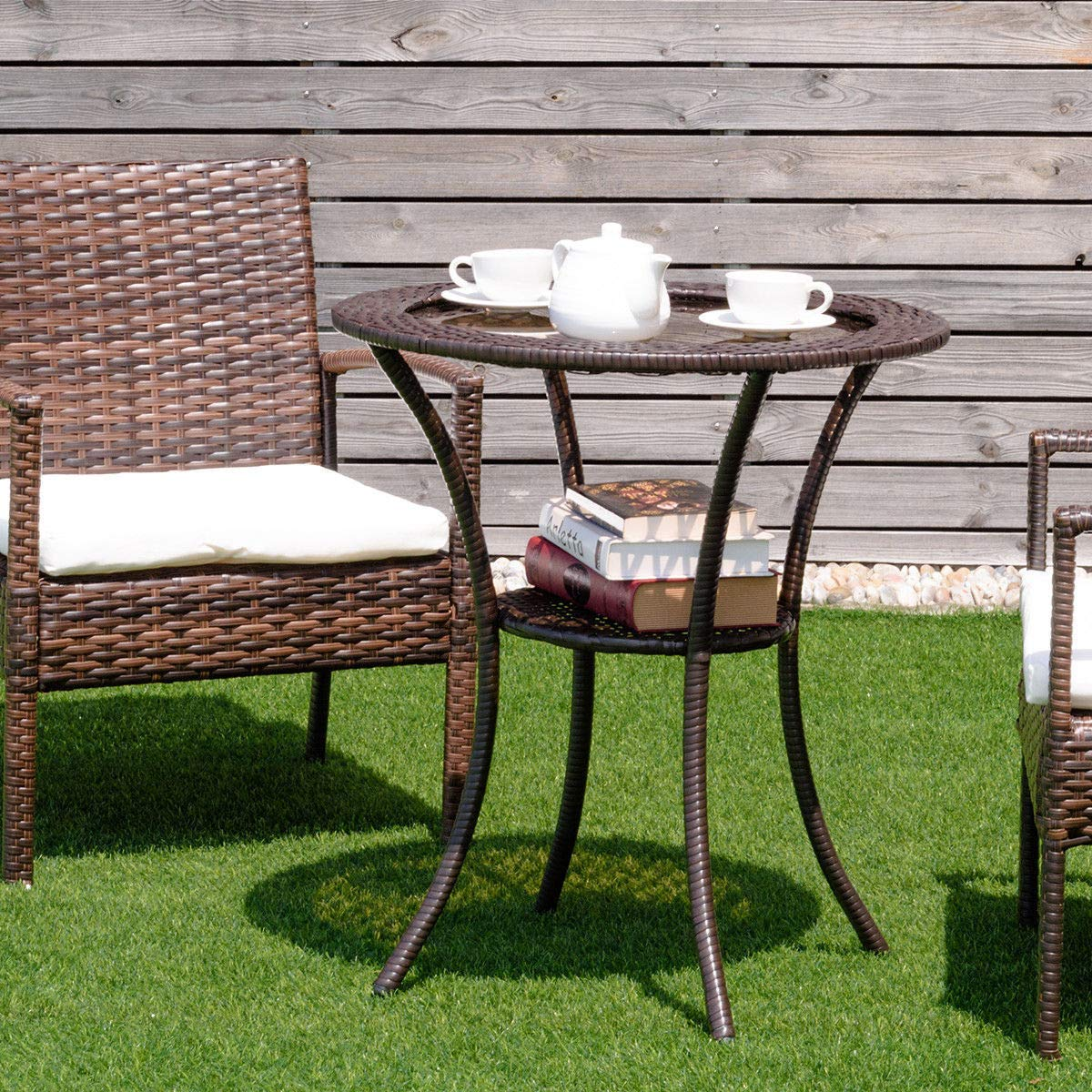 Giantex Round Rattan Wicker Coffee Table Glass Top Steel Frame Patio Furni (Round)