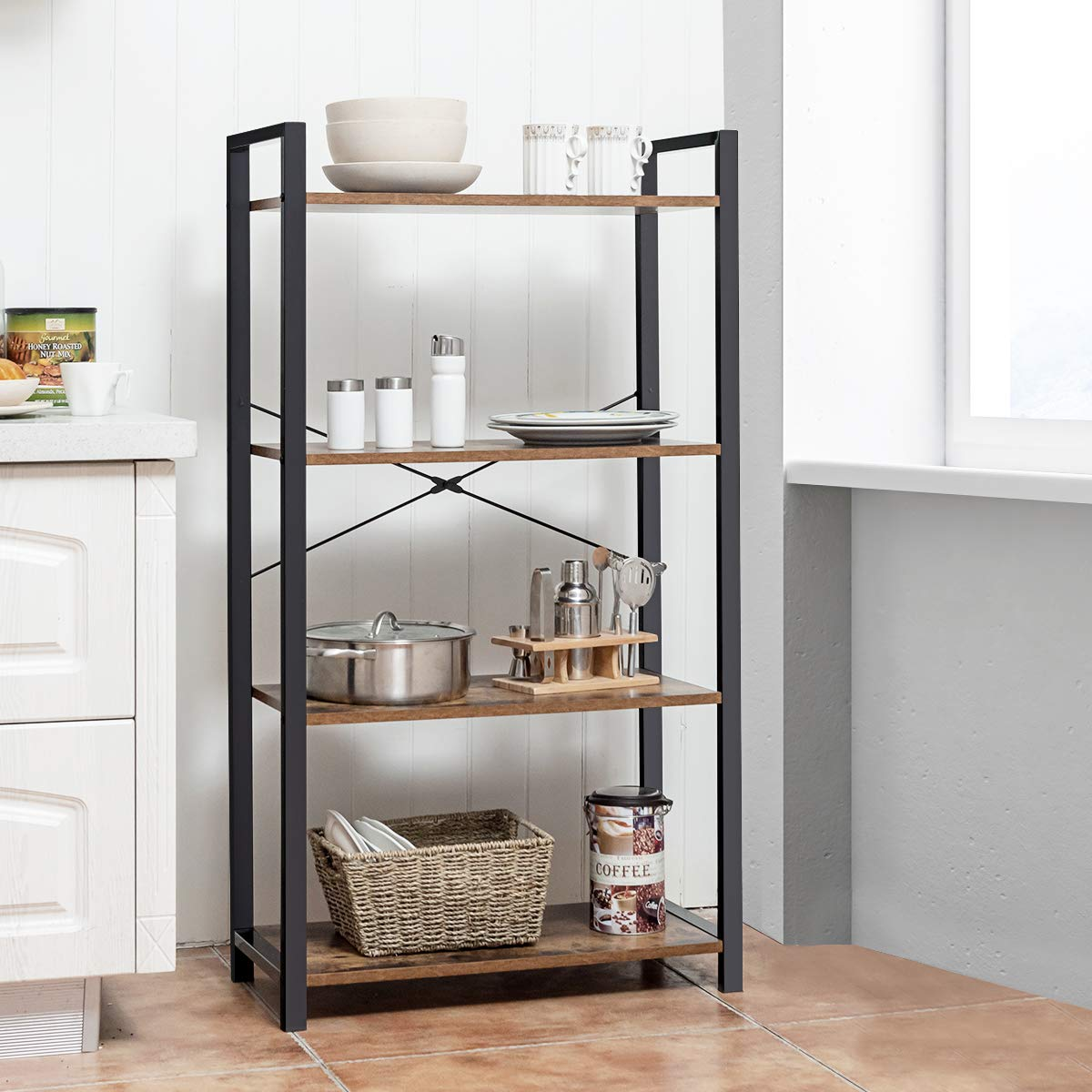 Giantex 4-Tier Industrial Bookshelf, Vintage Bookcase with Metal Frame, Standing Shelf Unit