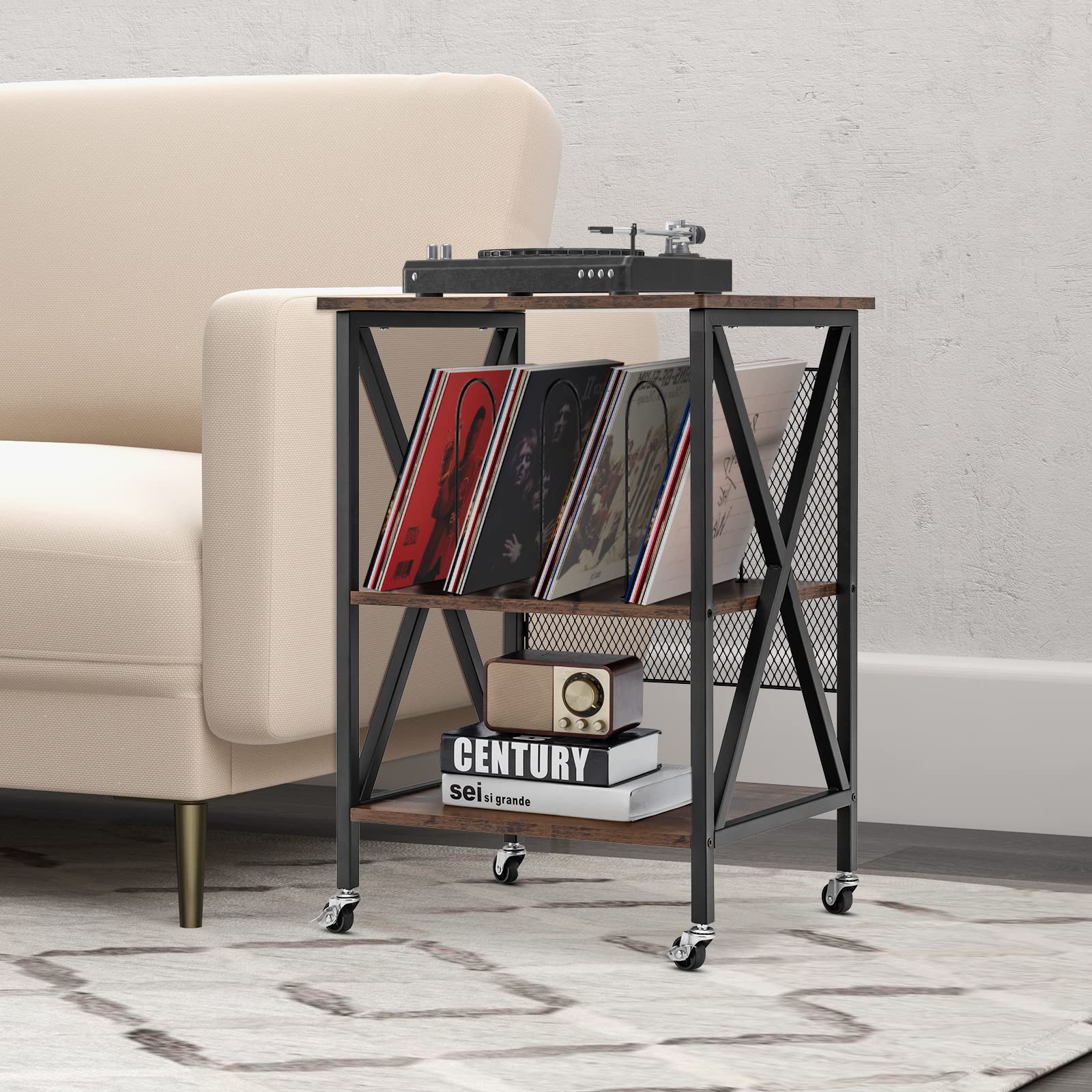 Giantex Record Player Stand, Vinyl Record Storage Table w/ 3 M-shaped Dividers & 4 Rolling Wheels, Rustic Brown