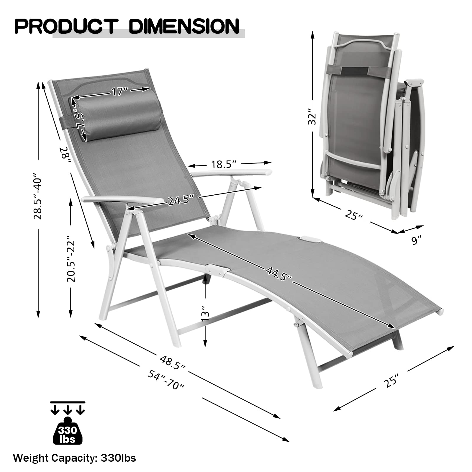 Pool Folding Reclining Beach Chair W/Removable Cushion&Headrest Pillow