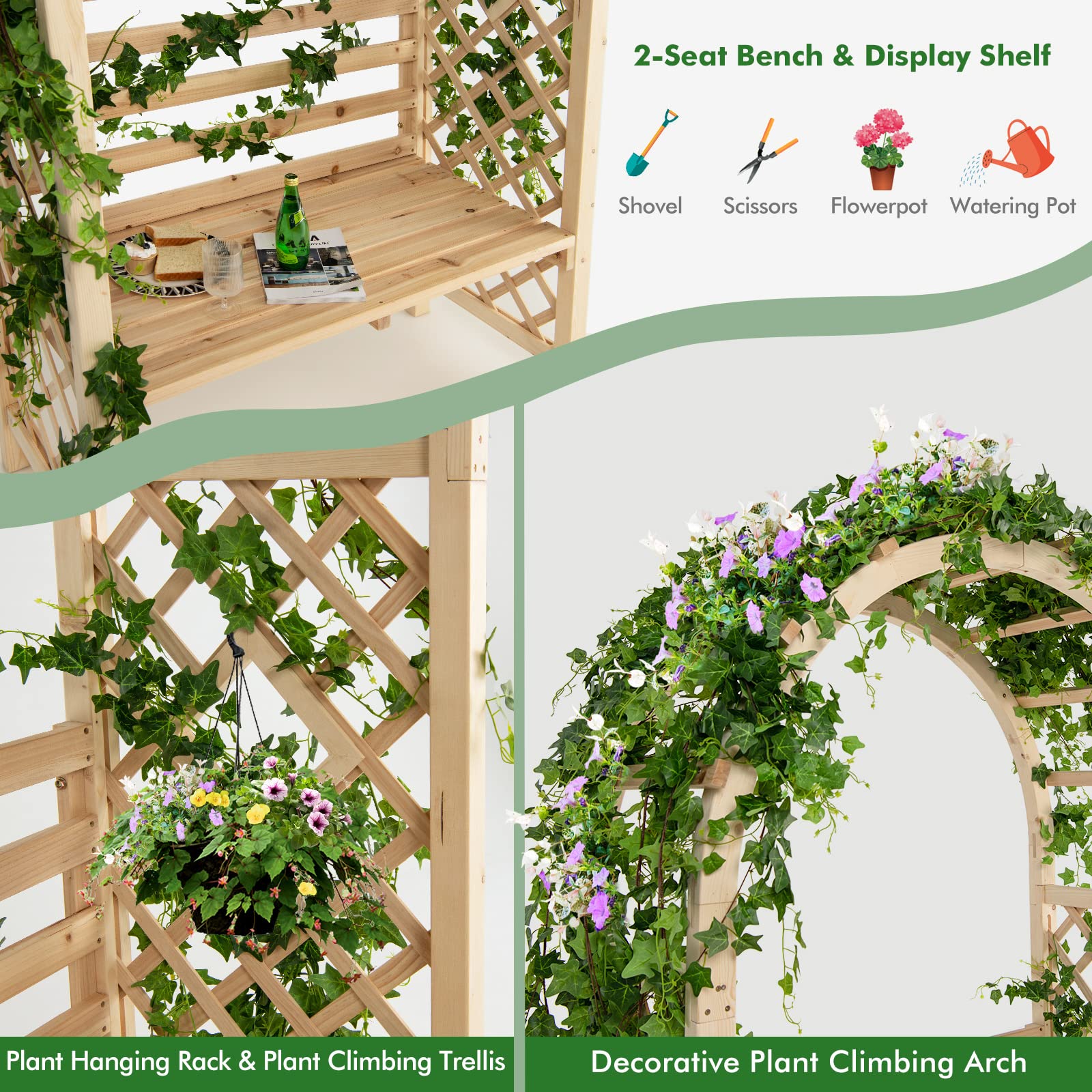 Giantex 81in Garden Arch with 2-Person Bench, Wooden Garden Arbor Archway Trellis for Climbing Plants