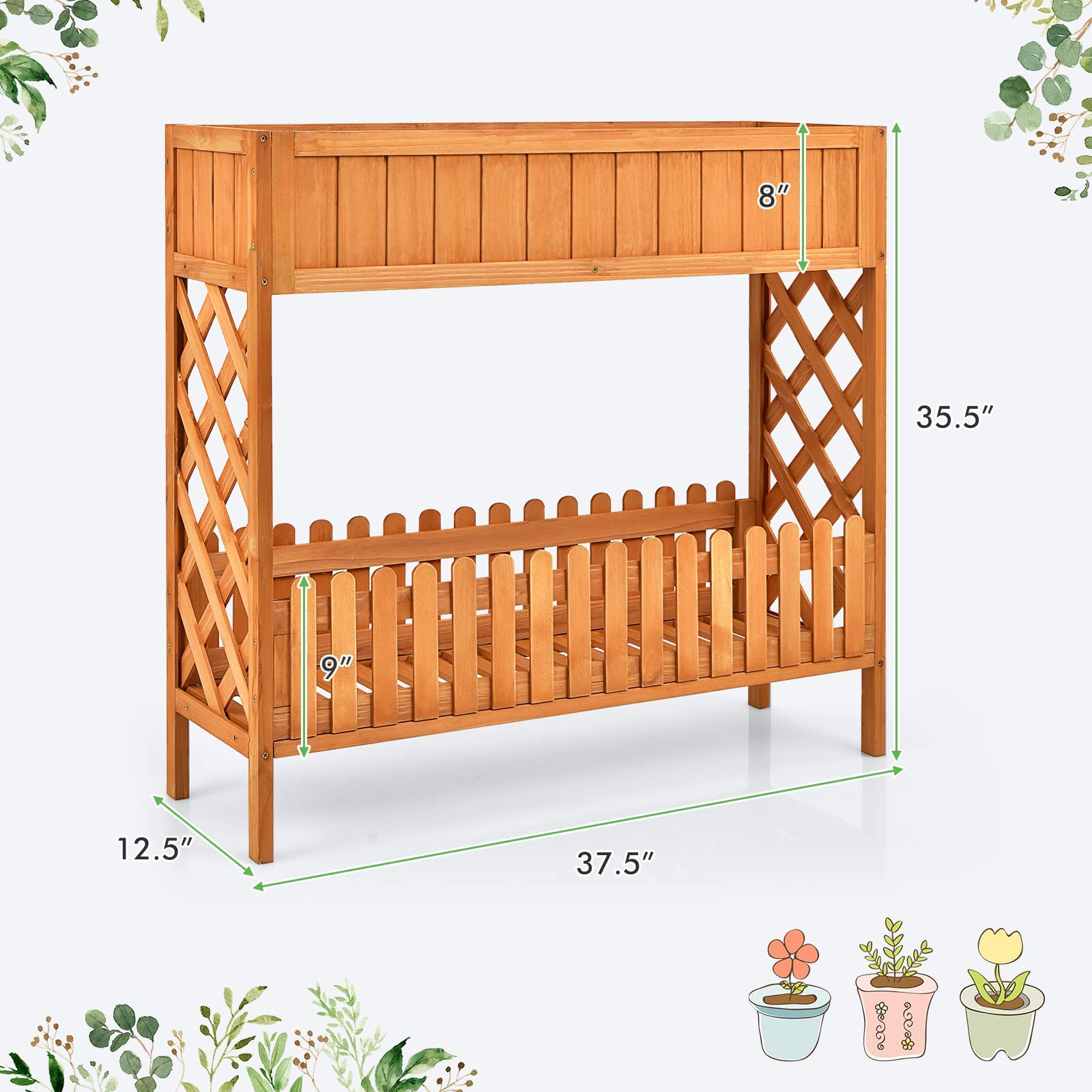 2-Tier Wood Potted Plant Rack with Fence