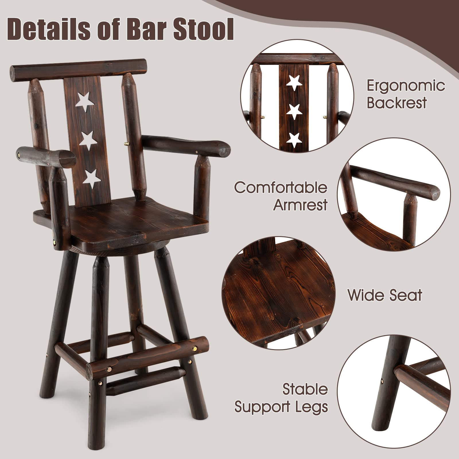 Brown Bar Stool, 29’’ Solid Fir Wood Bar Chair with Footrest, Decorative Star Backrest, Wide Armrest, Rustic Kitchen Stool