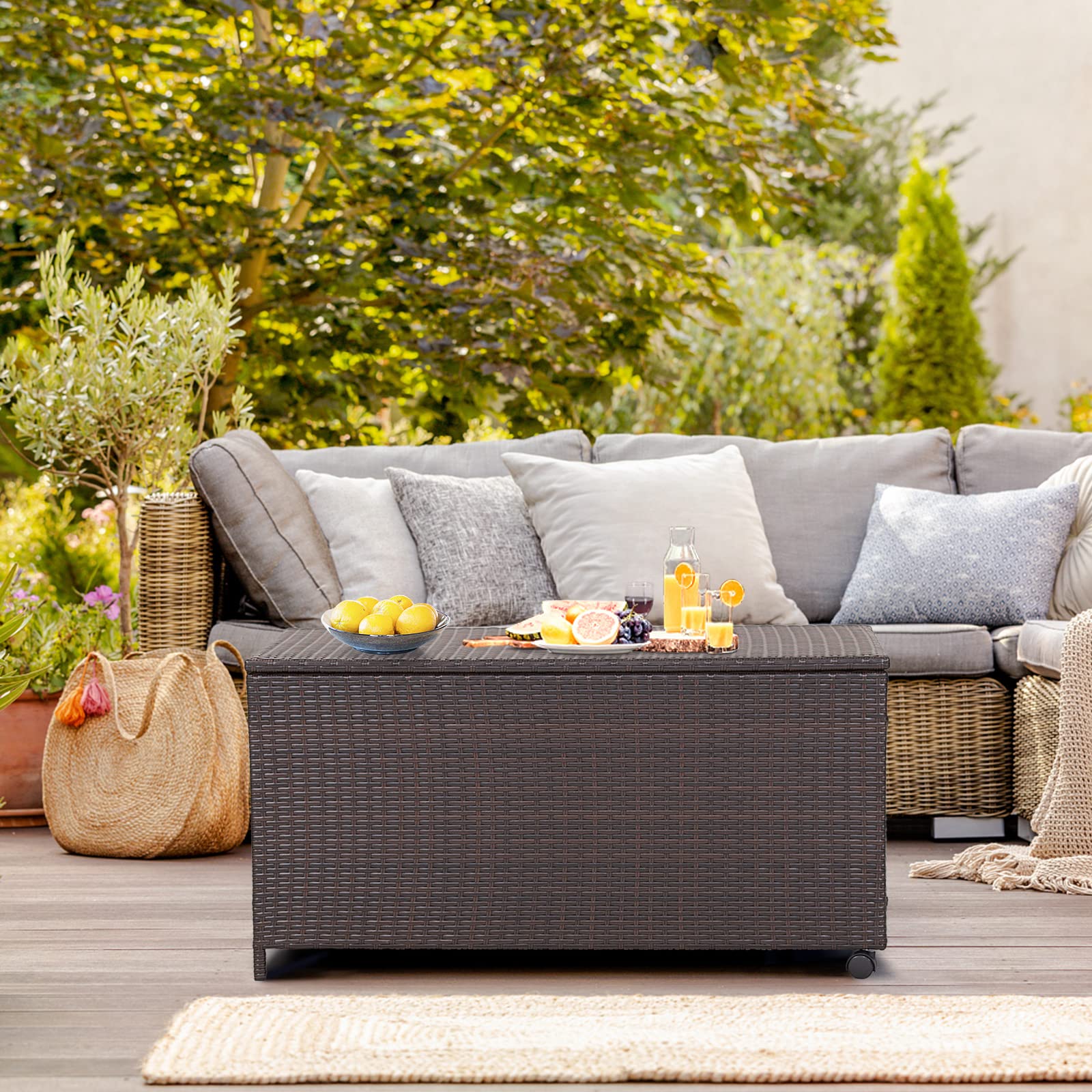 Giantex Outdoor Wicker Storage Box - 50 Gallon PE Rattan Storage Container with Lid, Mix Brown